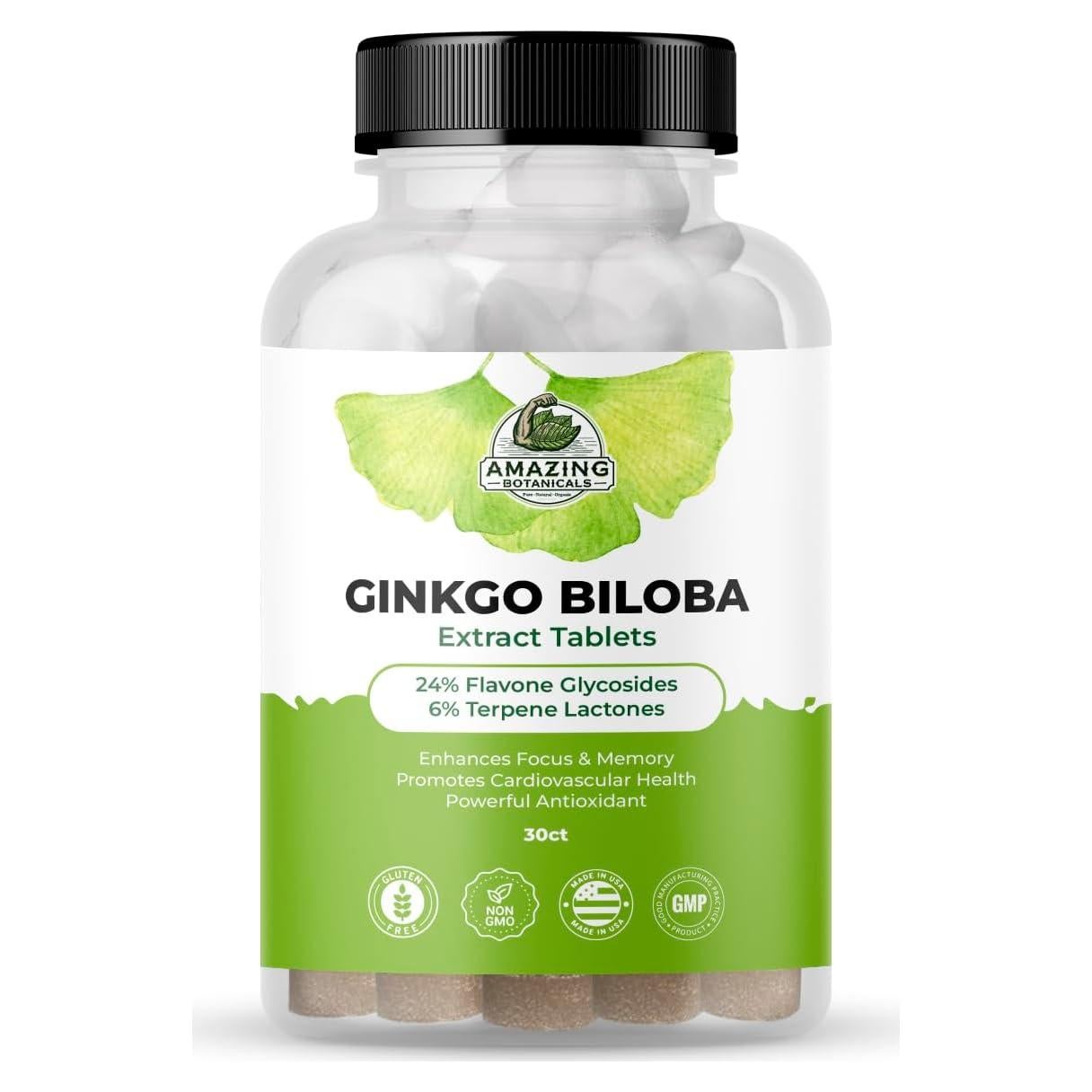 Tabletas de Ginkgo Biloba Amazing Botanicals - 30 Unidades - Suplemento Cognitivo Natural