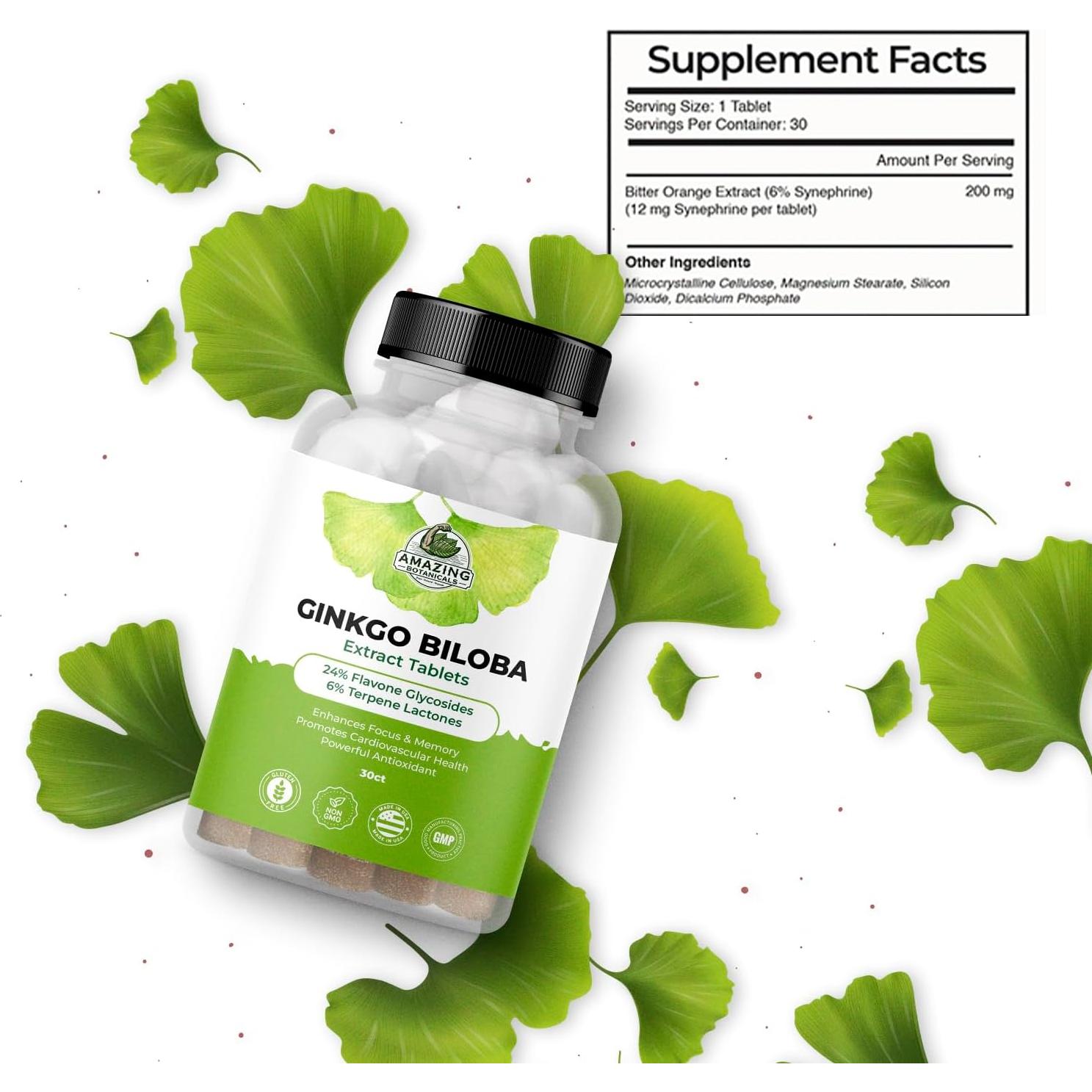 Tabletas de Ginkgo Biloba Amazing Botanicals - 30 Unidades - Suplemento Cognitivo Natural