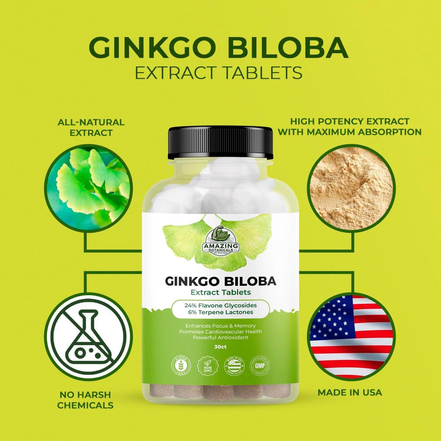 Tabletas de Ginkgo Biloba Amazing Botanicals - 30 Unidades - Suplemento Cognitivo Natural