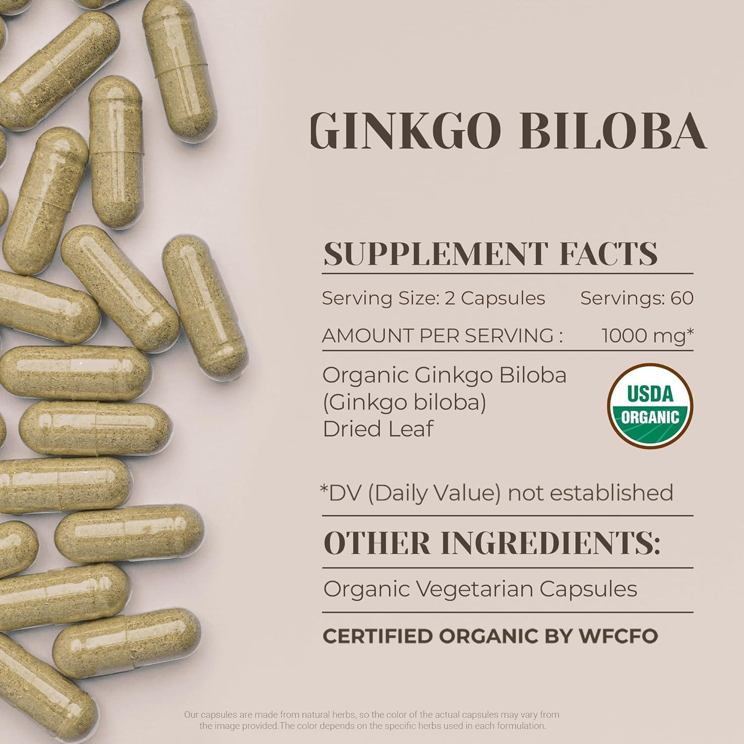Ginkgo Biloba Orgánico USDA 120 Cápsulas Vegetarianas