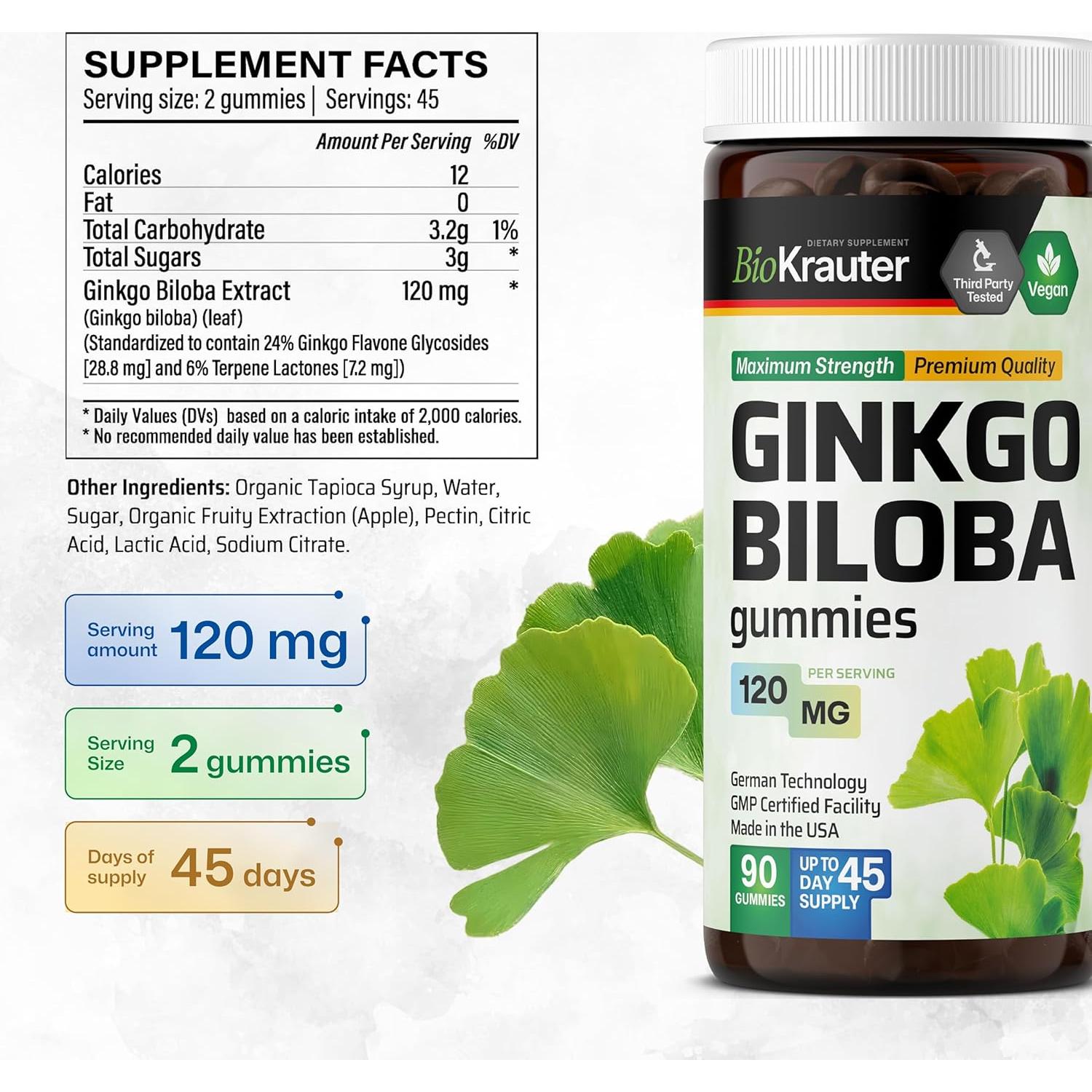 Gominolas Veganas BioKrauter Ginkgo Biloba 90 Unidades 120 mg