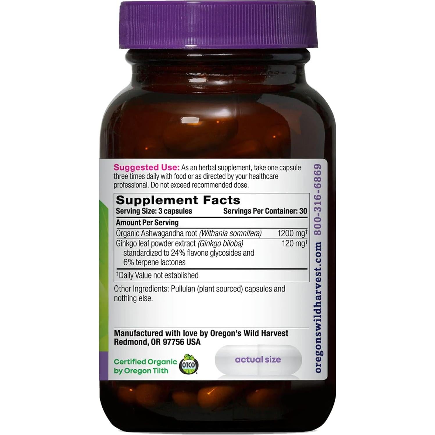 Suplemento Herbal Orgánico Ashwagandha y Ginkgo Oregon's Wild Harvest 90 Cápsulas