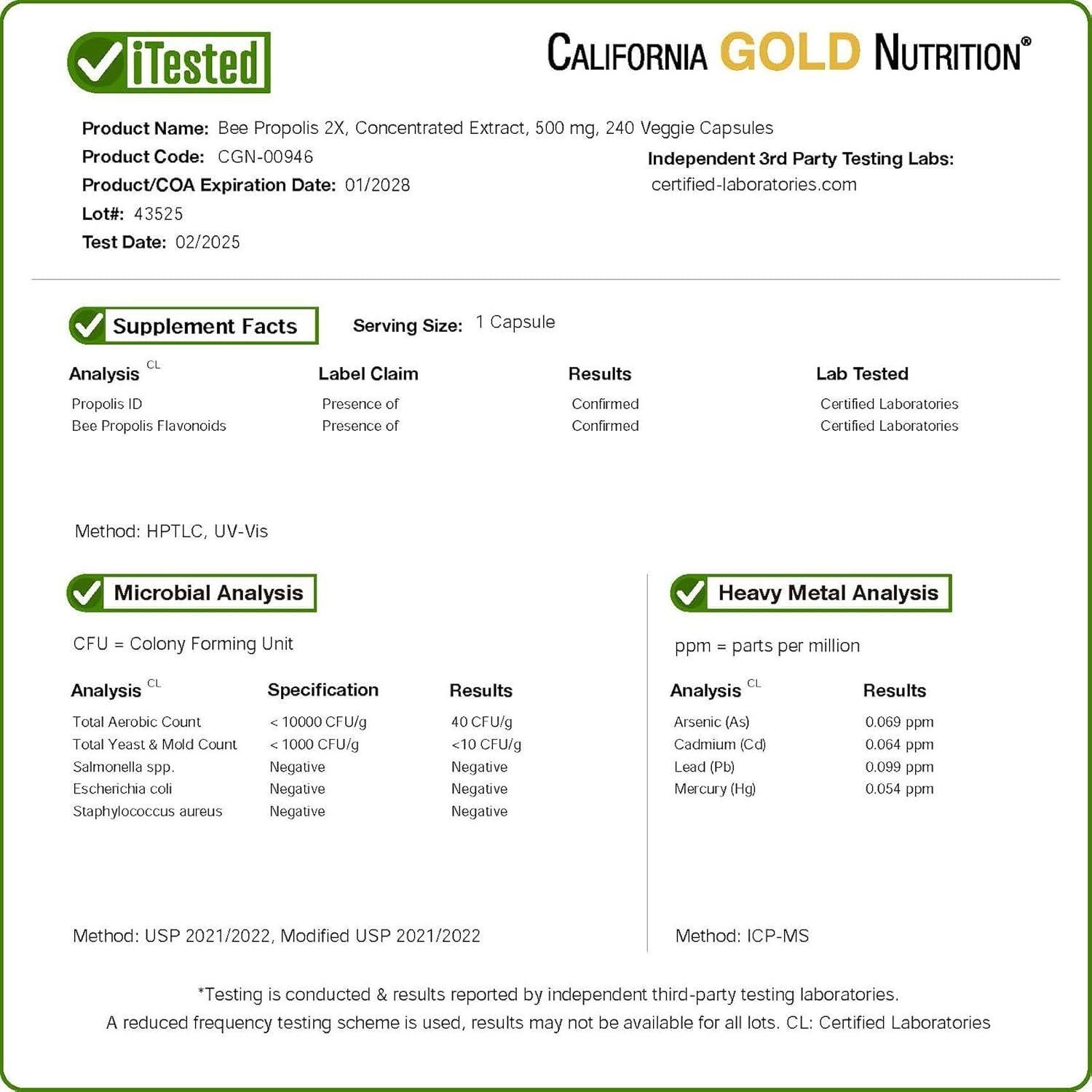 California Gold Nutrition Propóleos de Abeja 500 mg 240 Cápsulas