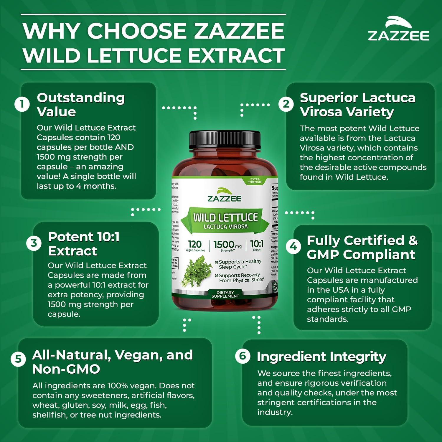 Extracto de Lechuga Silvestre Zazzee 1500 mg 120 Cápsulas Veganas