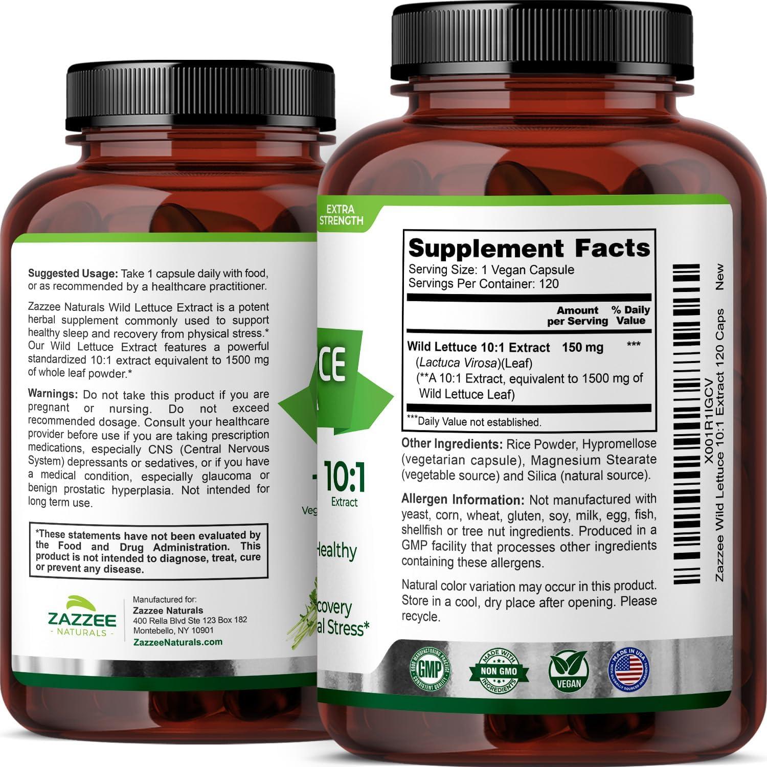 Extracto de Lechuga Silvestre Zazzee 1500 mg 120 Cápsulas Veganas