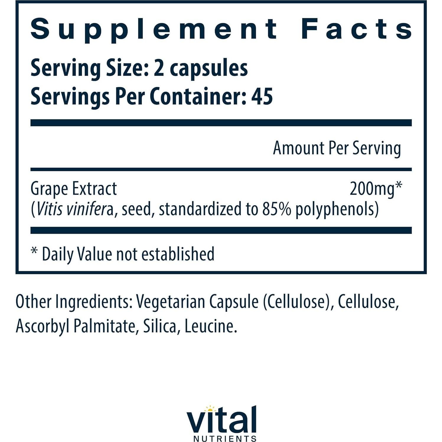 Extracto de Semilla de Uva Vital Nutrients 100mg - 90 Cápsulas Antioxidantes