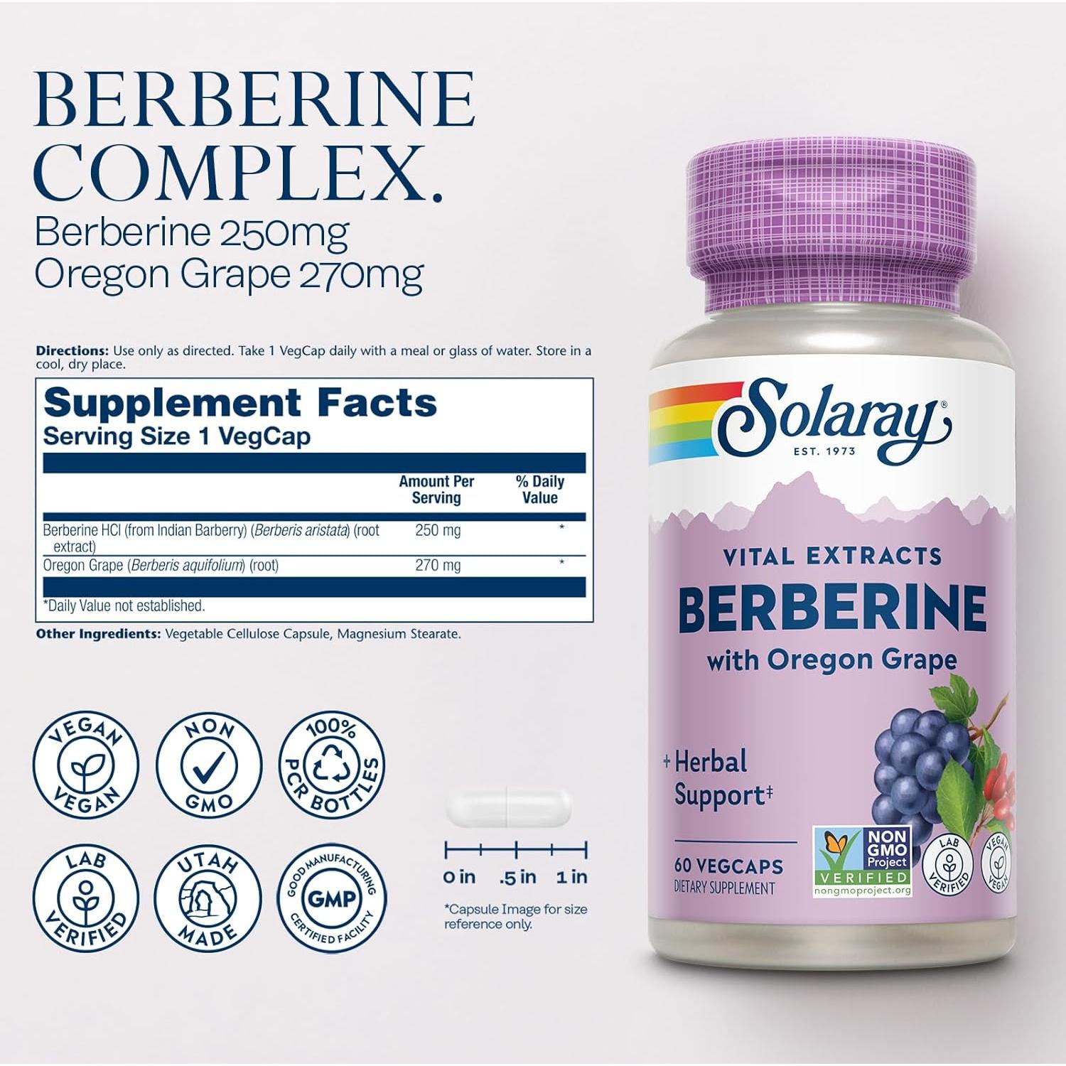 Suplemento de Berberina Solaray 250mg - Vegano, 60 VegCaps