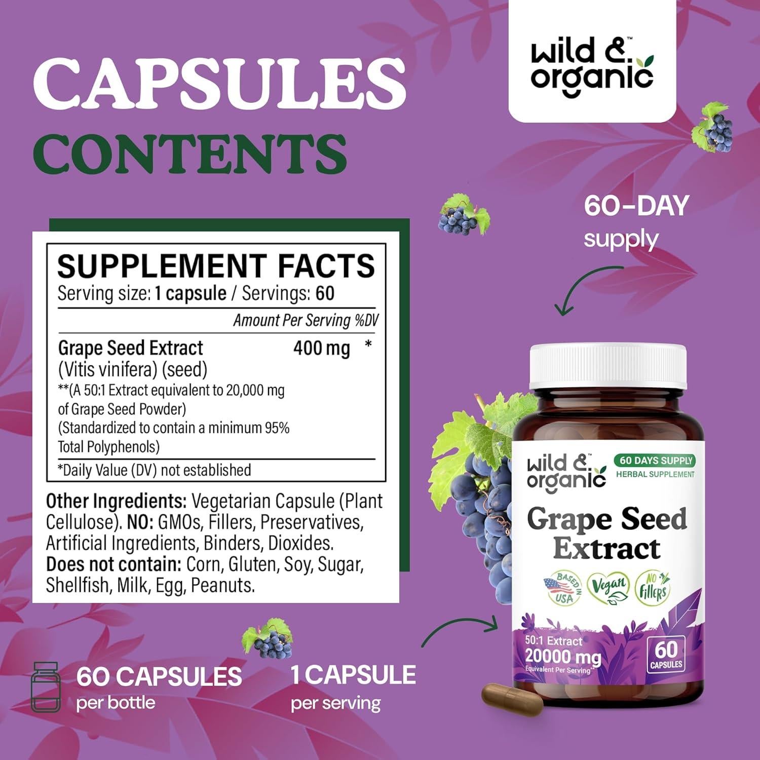 Cápsulas de Extracto de Semilla de Uva Silvestre Orgánico 60u