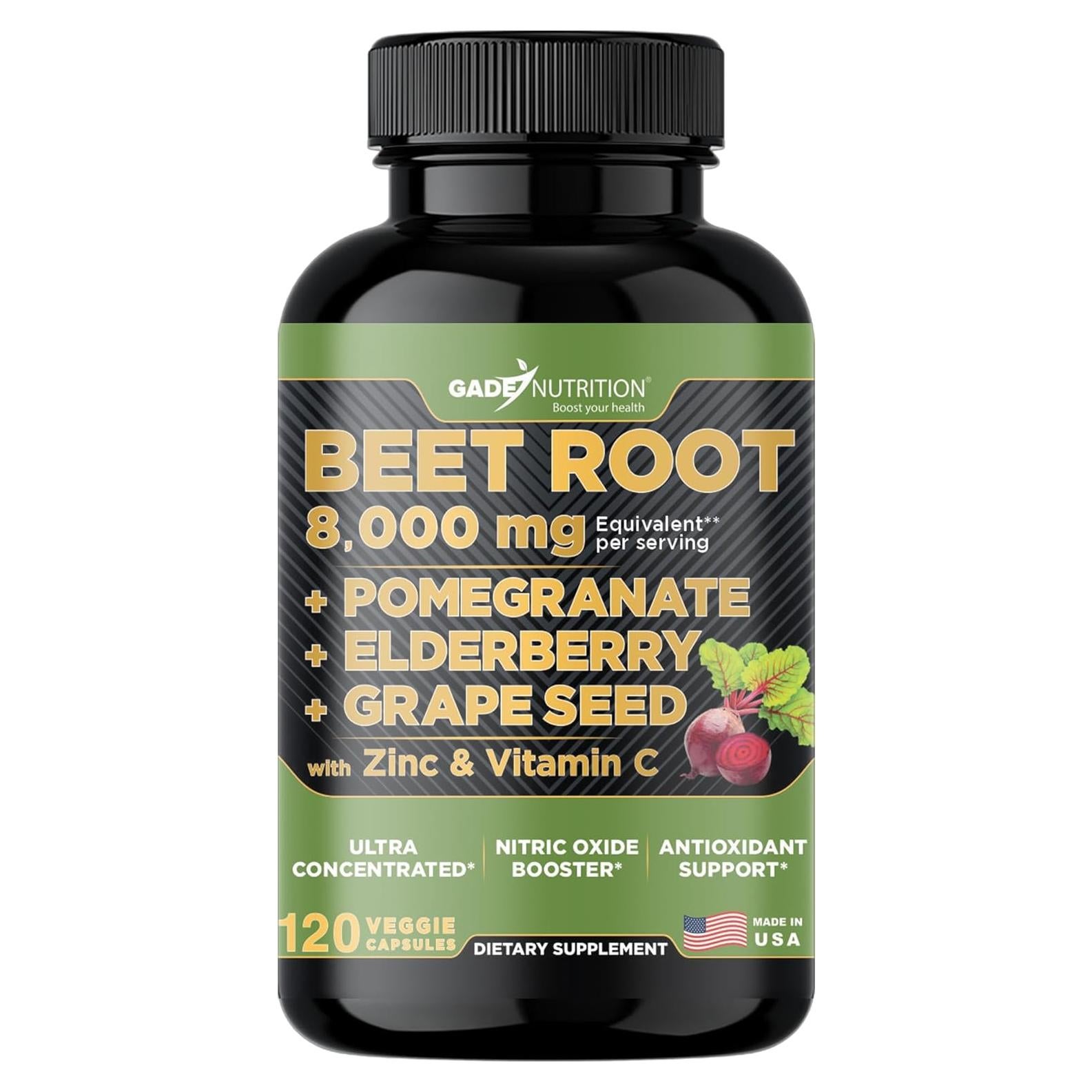 Cápsulas de Raíz de Remolacha Gade Nutrition 8000 mg con Vitamina C y Zinc