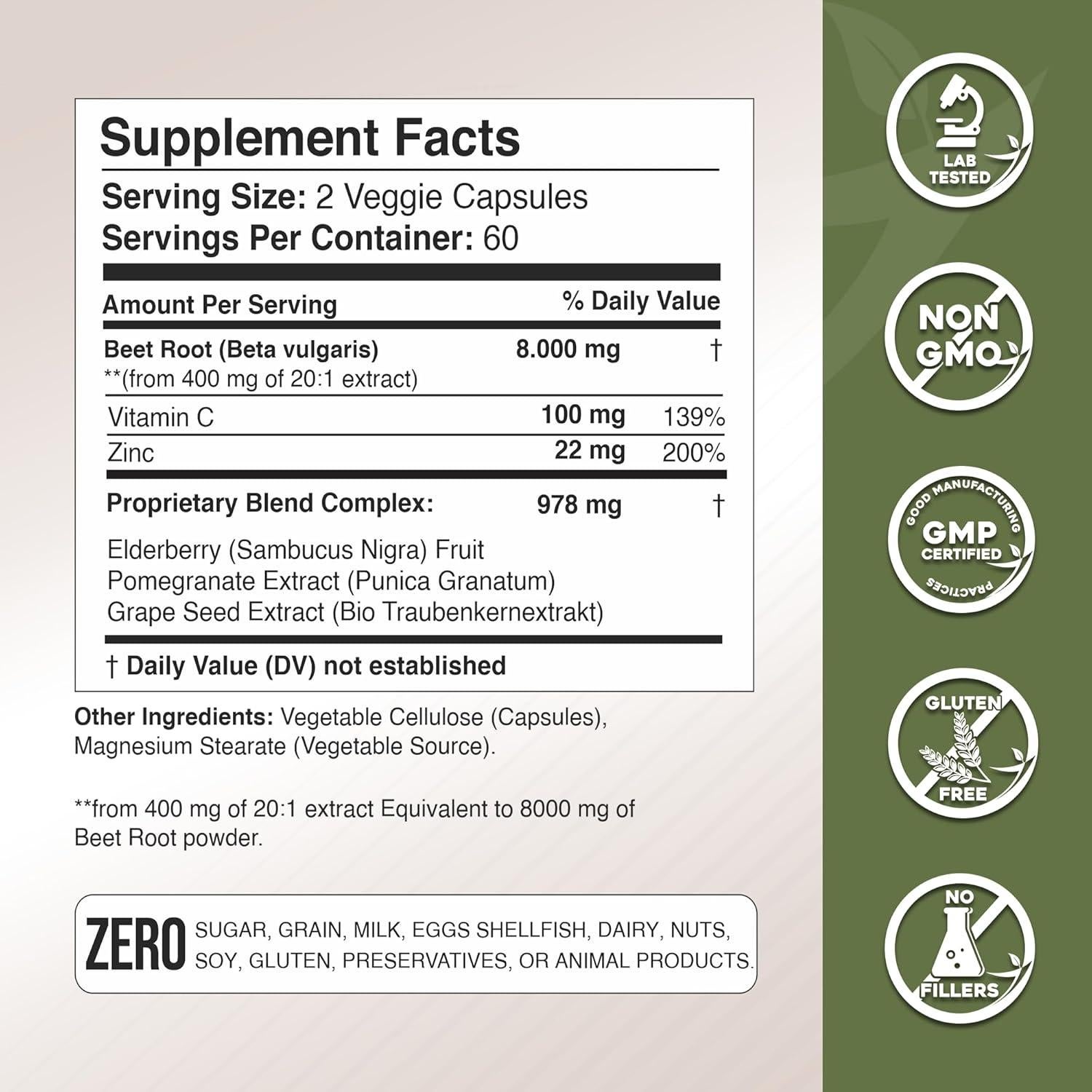 Cápsulas de Raíz de Remolacha Gade Nutrition 8000 mg con Vitamina C y Zinc