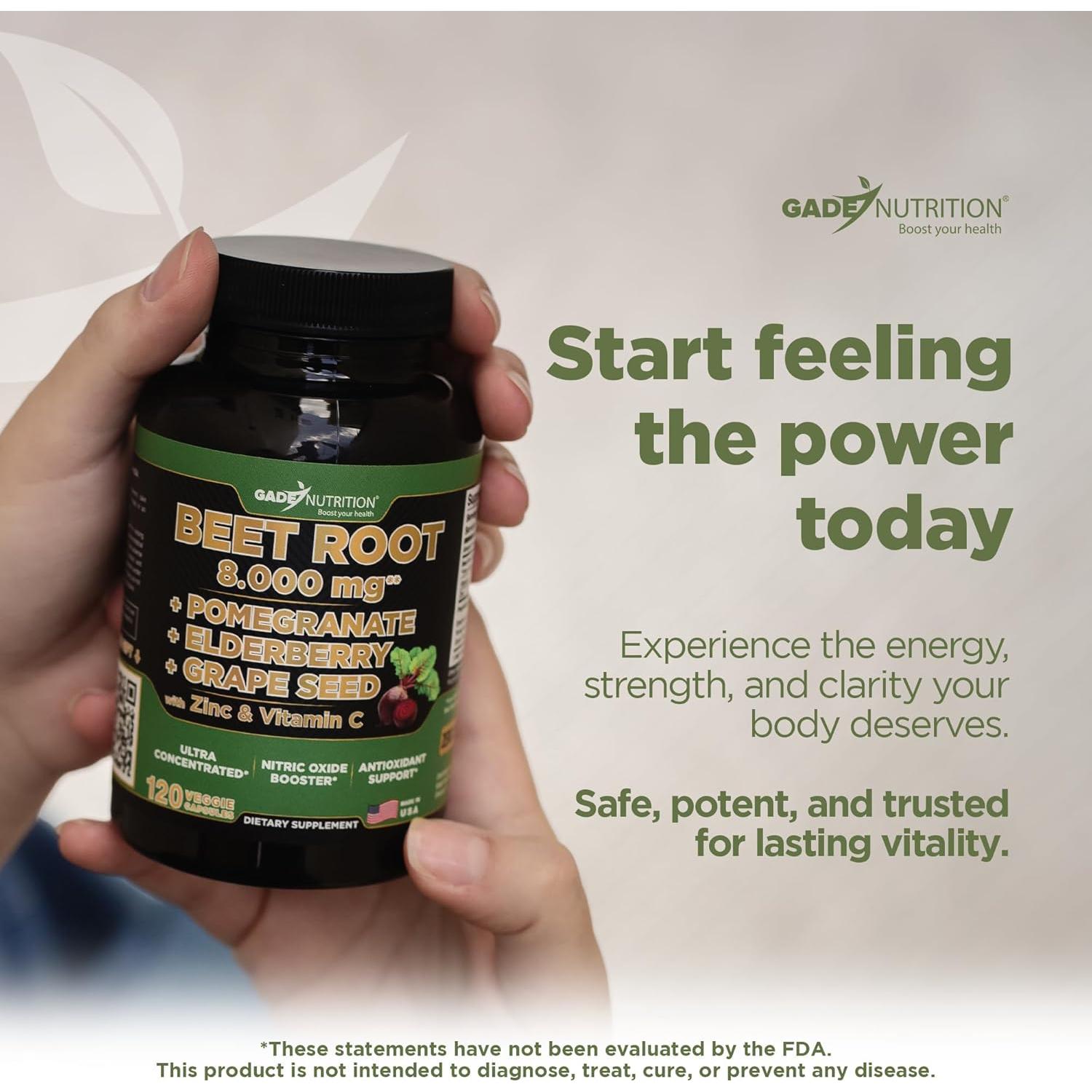 Cápsulas de Raíz de Remolacha Gade Nutrition 8000 mg con Vitamina C y Zinc