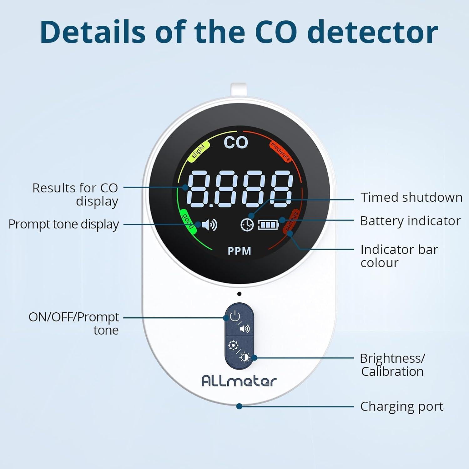 Detector de Monóxido de Carbono ALLmeter AK18 Portátil 0-1000 ppm