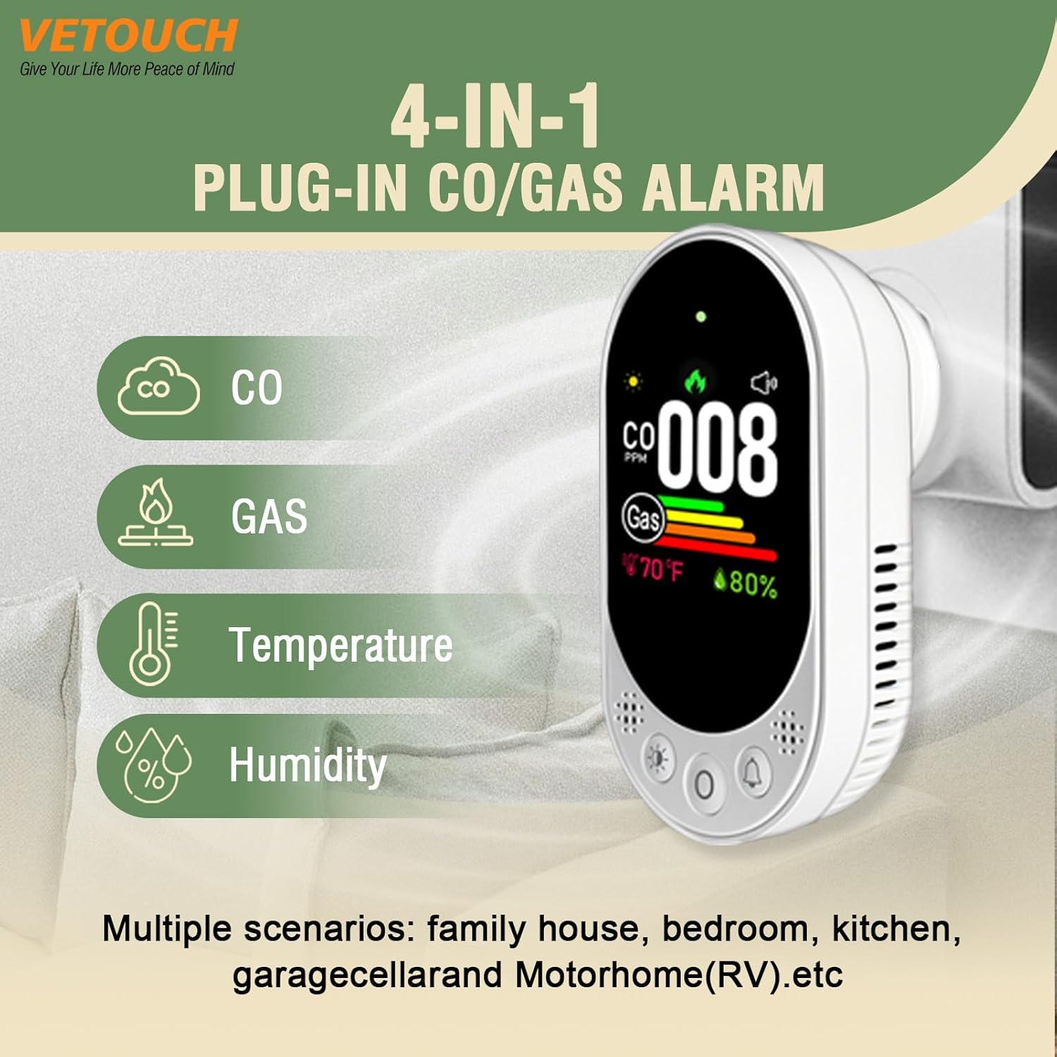 Plug-in CO and Gas Detector, 4-in-1 Combination Natural Gas and Carbon Monoxide Detector,Detect Co,Gas,Temperature,Humidity Values Suitable for Home,Outdoor Camping RV Occasions