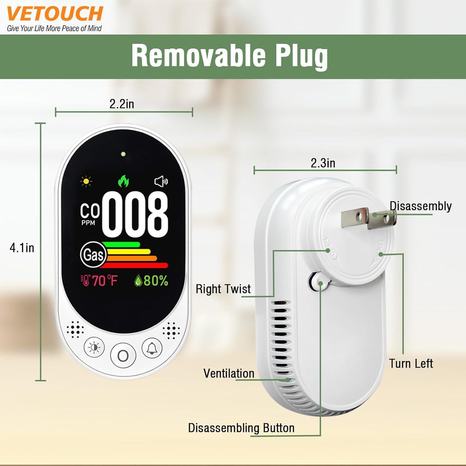 Plug-in CO and Gas Detector, 4-in-1 Combination Natural Gas and Carbon Monoxide Detector,Detect Co,Gas,Temperature,Humidity Values Suitable for Home,Outdoor Camping RV Occasions