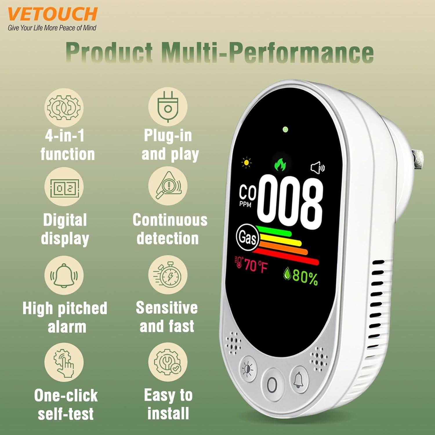 Plug-in CO and Gas Detector, 4-in-1 Combination Natural Gas and Carbon Monoxide Detector,Detect Co,Gas,Temperature,Humidity Values Suitable for Home,Outdoor Camping RV Occasions