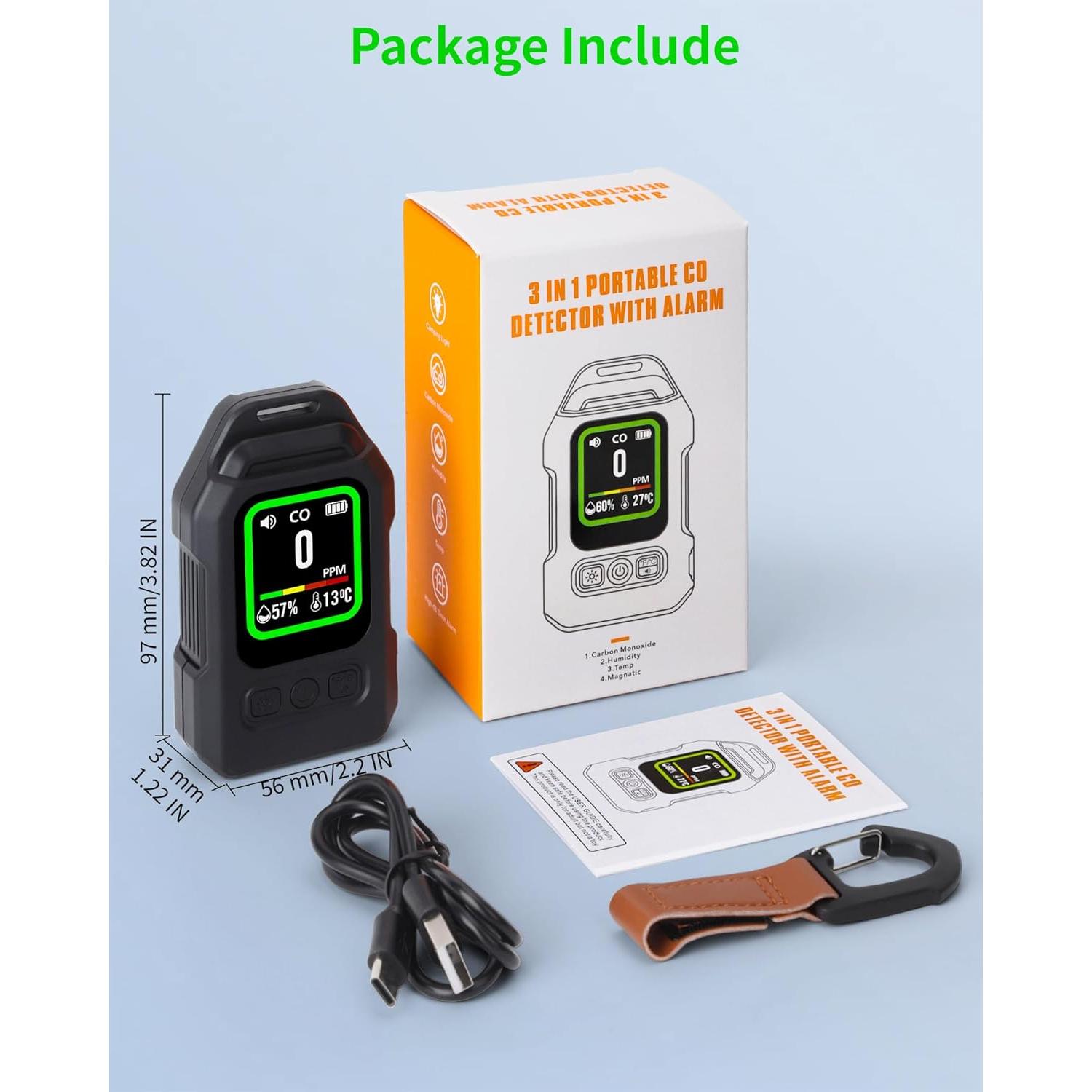 Detector de Monóxido de Carbono 3-en-1 Jleiiofe Portátil