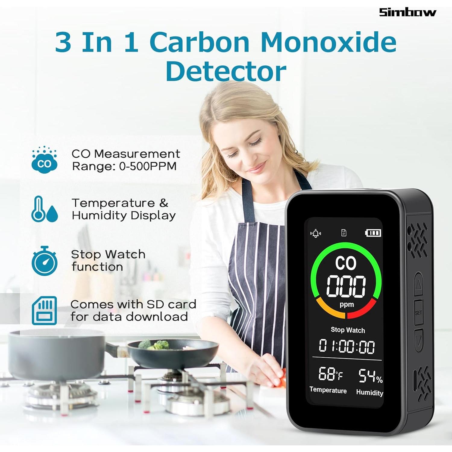 Detector de Monóxido de Carbono Simbow CF-9R 5-en-1 Recargable