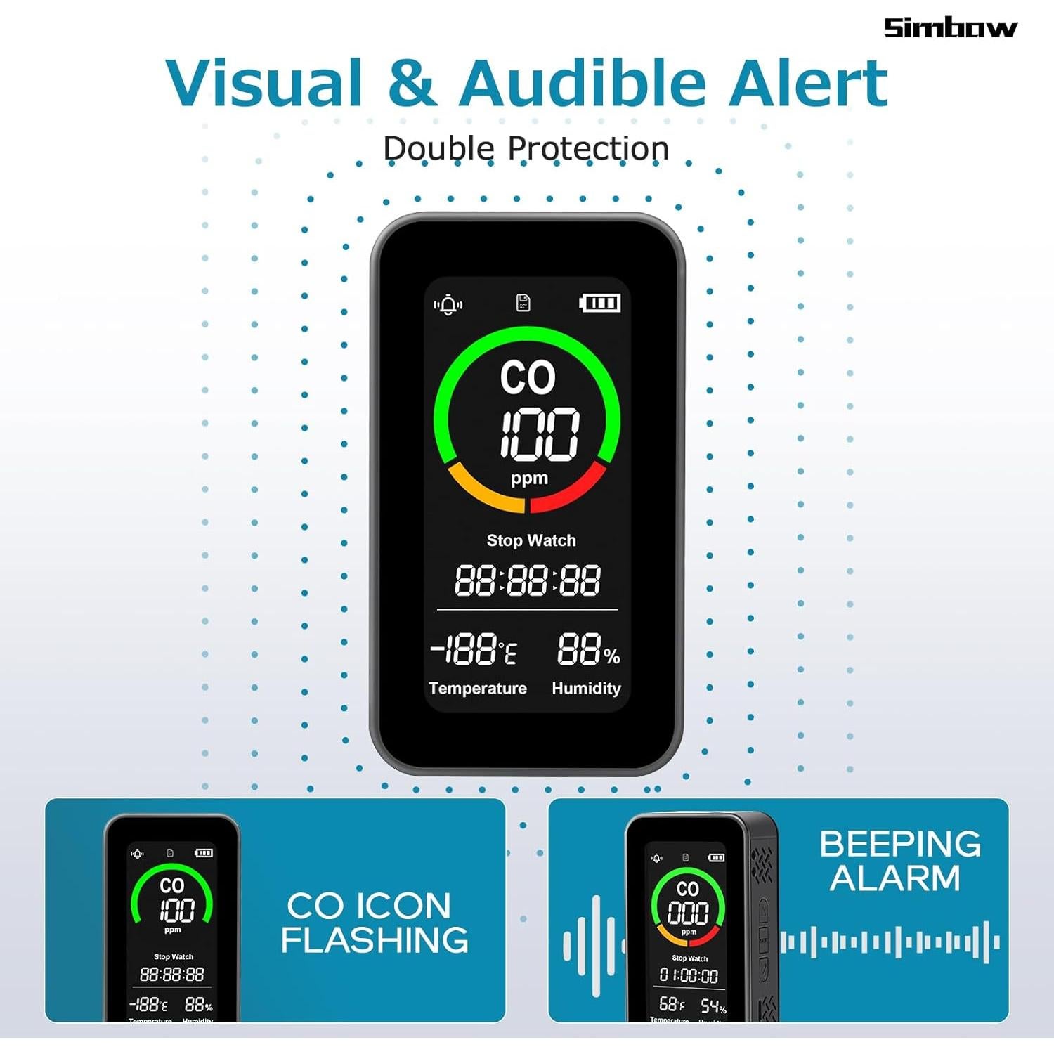 Detector de Monóxido de Carbono Simbow CF-9R 5-en-1 Recargable
