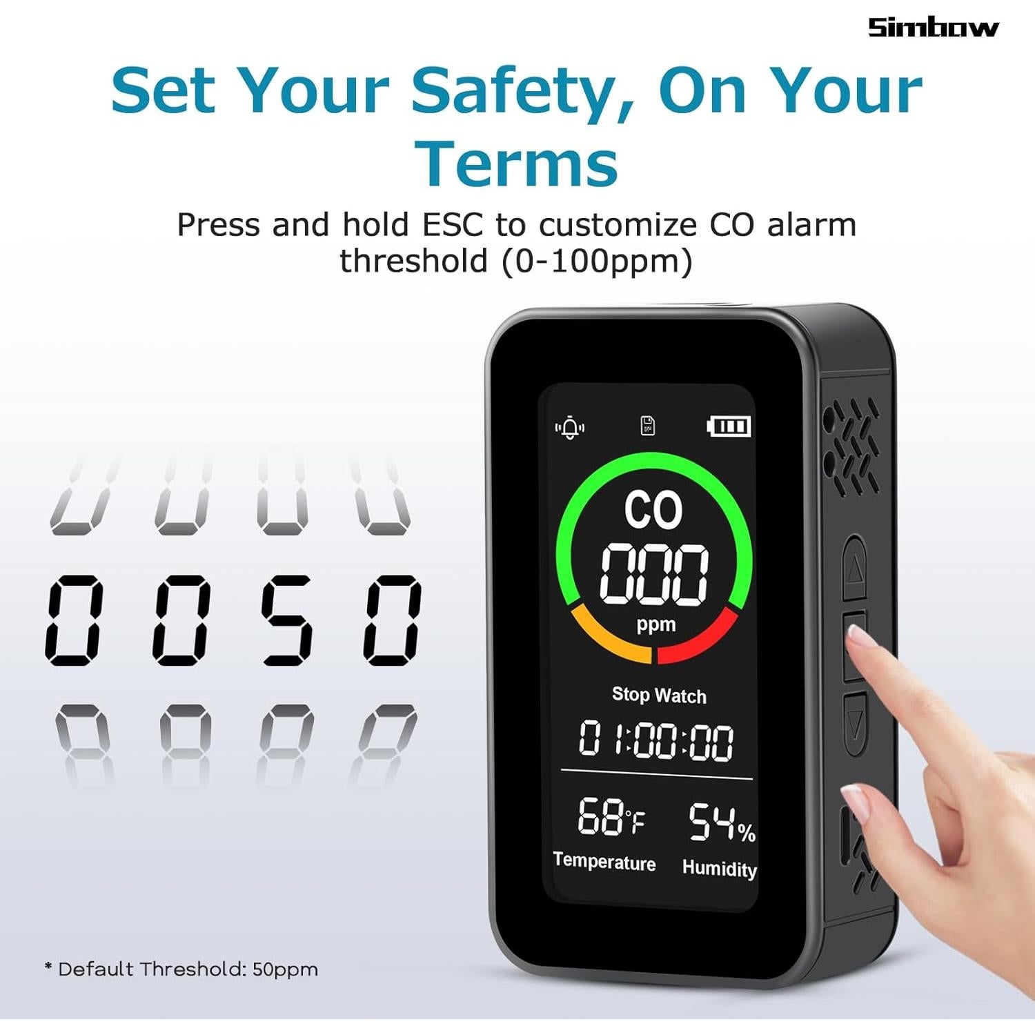 Detector de Monóxido de Carbono Simbow CF-9R 5-en-1 Recargable