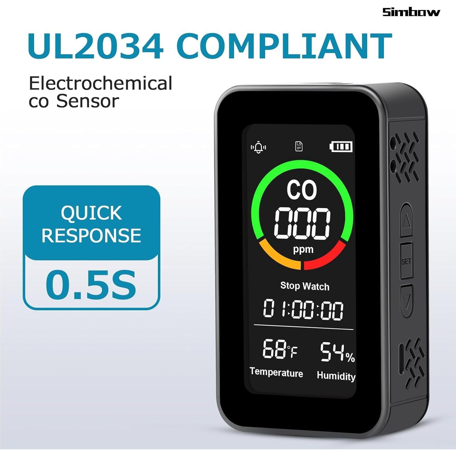 Detector de Monóxido de Carbono Simbow CF-9R 5-en-1 Recargable