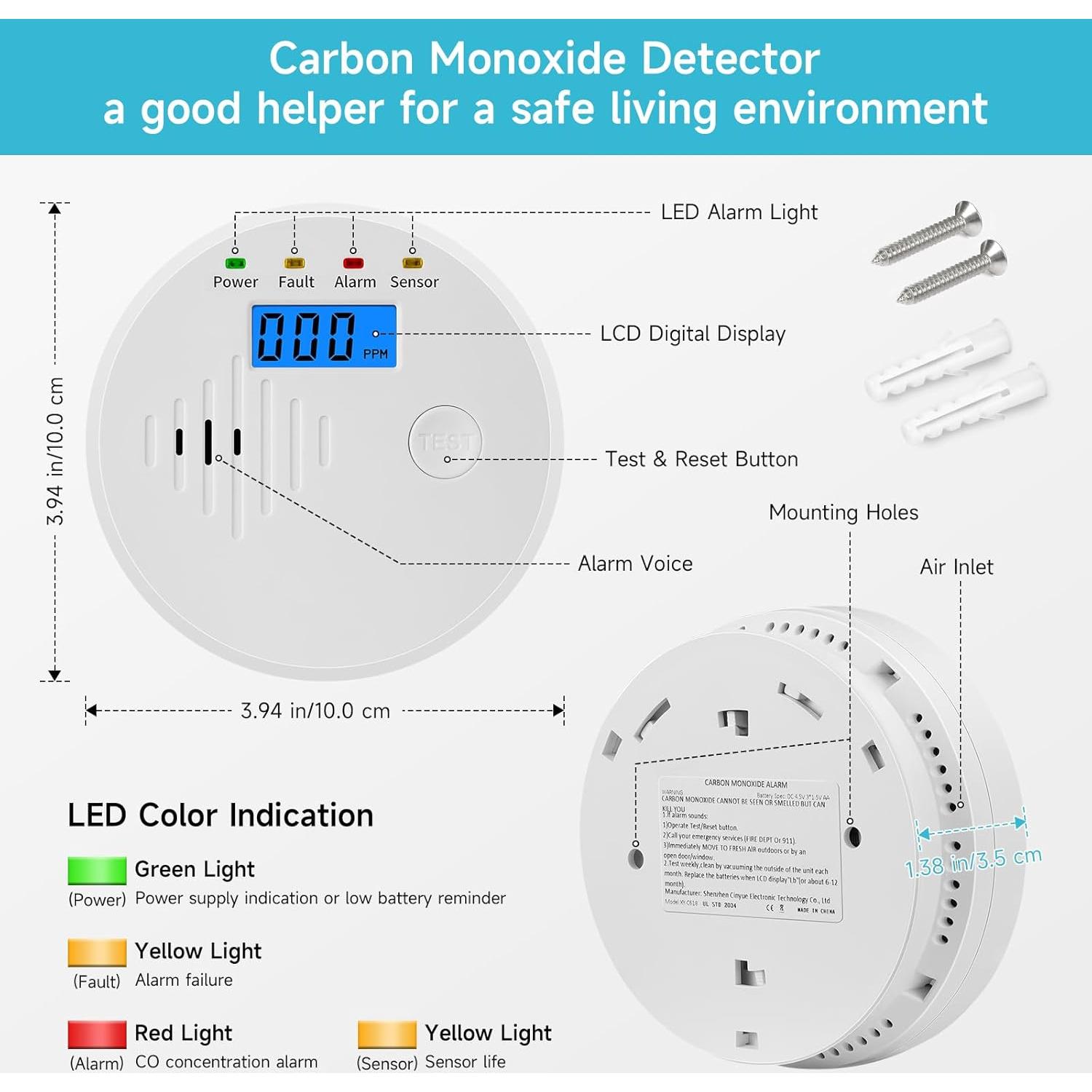 Detector de Monóxido de Carbono HuiDeonne XY-C618 con Pantalla LCD