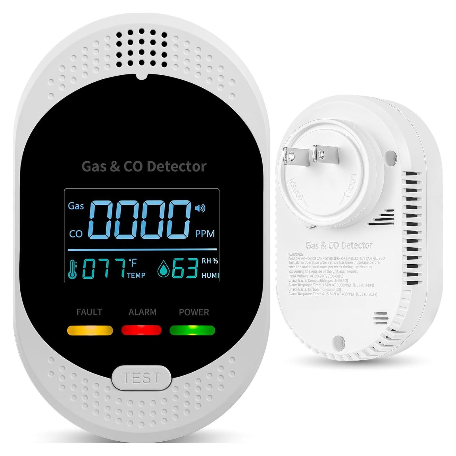Plug in Carbon Monoxide Detector Combustible Gases Detectors,4-in-1 Co & Natural Gas Alarm Detectors with Temperature and Humidity Display,Clear LCD Screen Sound Light Dual Alarm for Home Travel RV