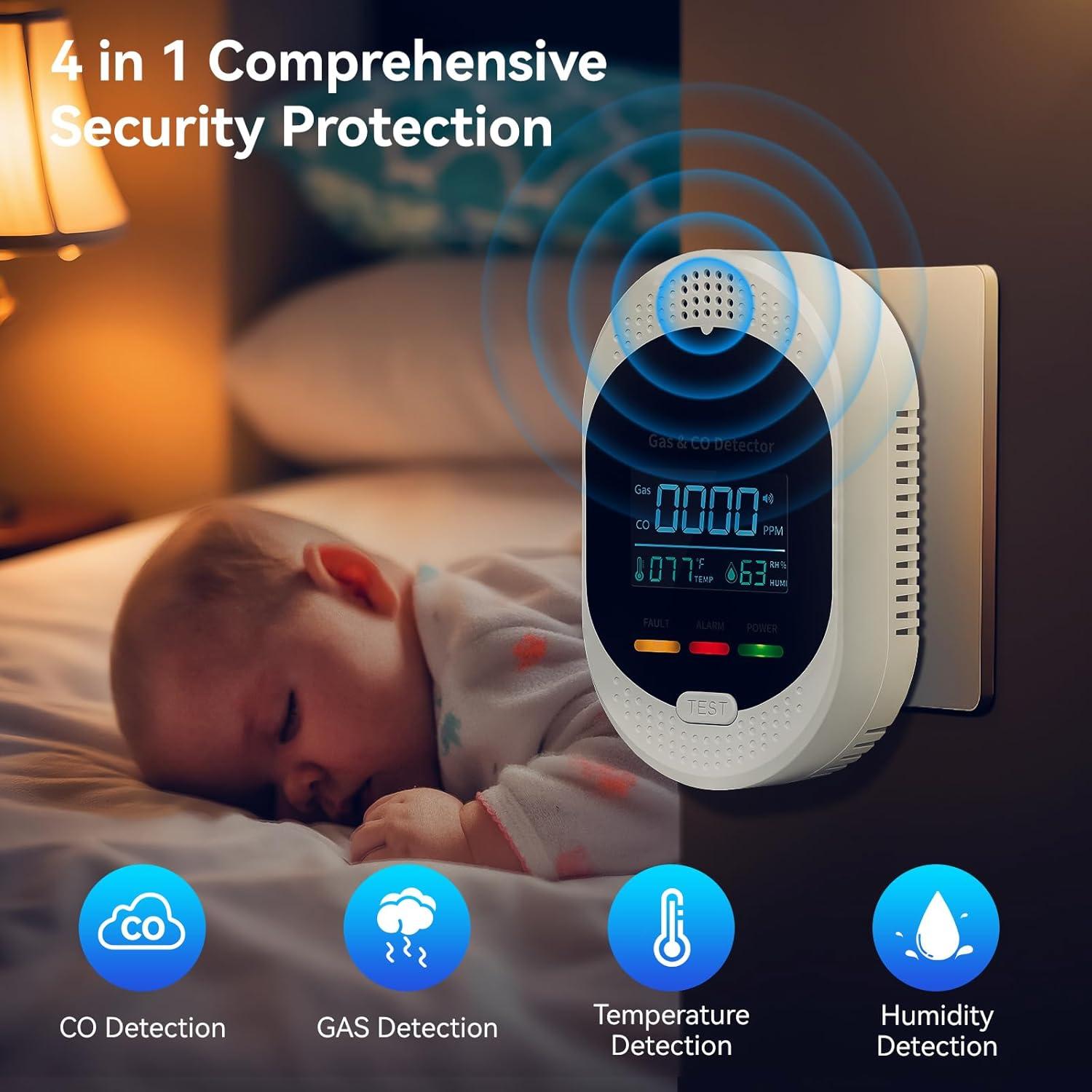 Plug in Carbon Monoxide Detector Combustible Gases Detectors,4-in-1 Co & Natural Gas Alarm Detectors with Temperature and Humidity Display,Clear LCD Screen Sound Light Dual Alarm for Home Travel RV