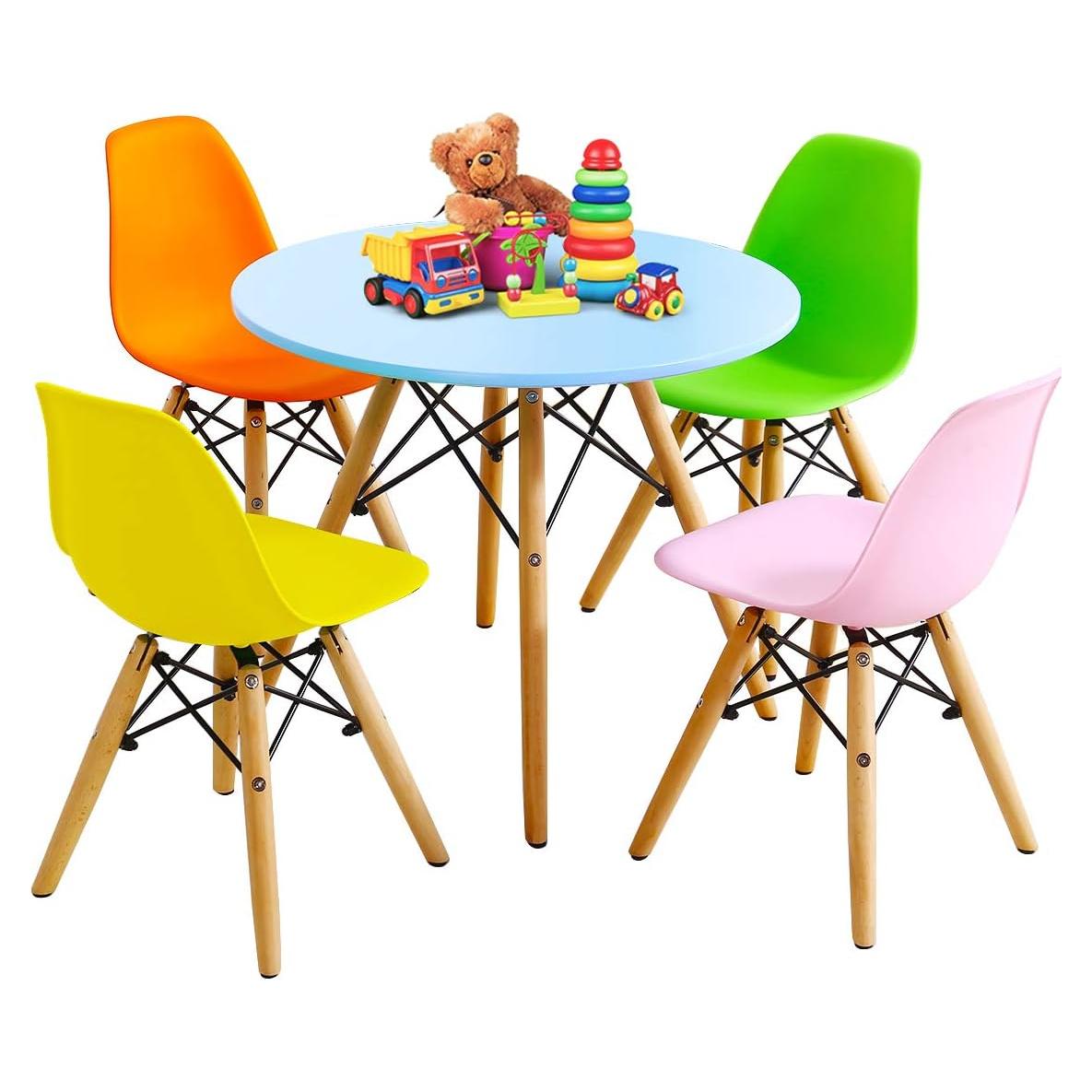 Costzon Kids Table and Chair Set, 5 PCS Mid-Century Modern Style Kids Desk Set w/Wood Legs, Iron Frame for Dining Drawing Playing & Strong Bearing Capacity, Toddler Table and Chairs (Colorful)