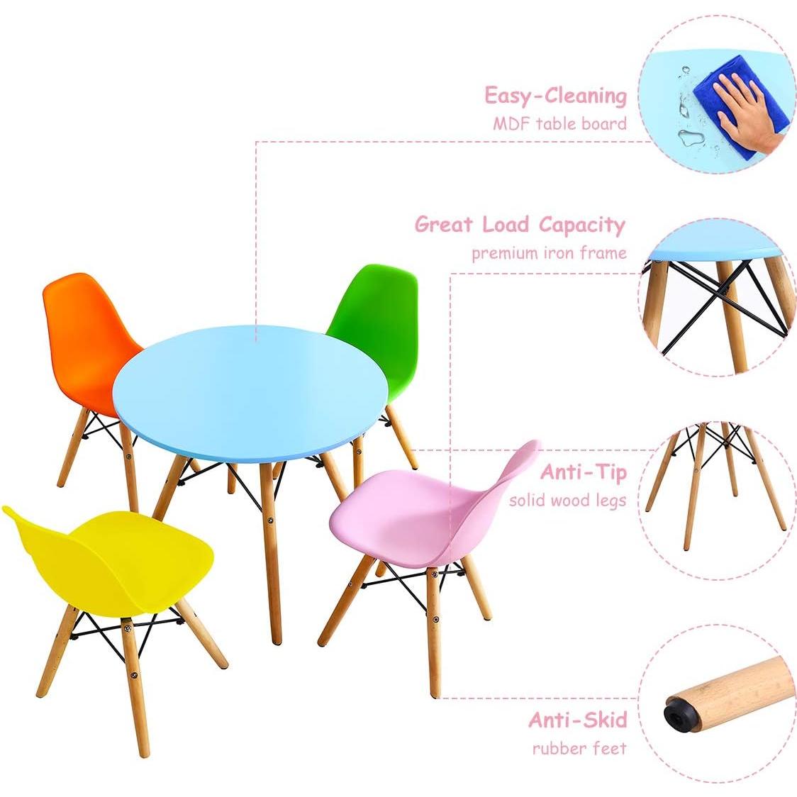 Costzon Kids Table and Chair Set, 5 PCS Mid-Century Modern Style Kids Desk Set w/Wood Legs, Iron Frame for Dining Drawing Playing & Strong Bearing Capacity, Toddler Table and Chairs (Colorful)
