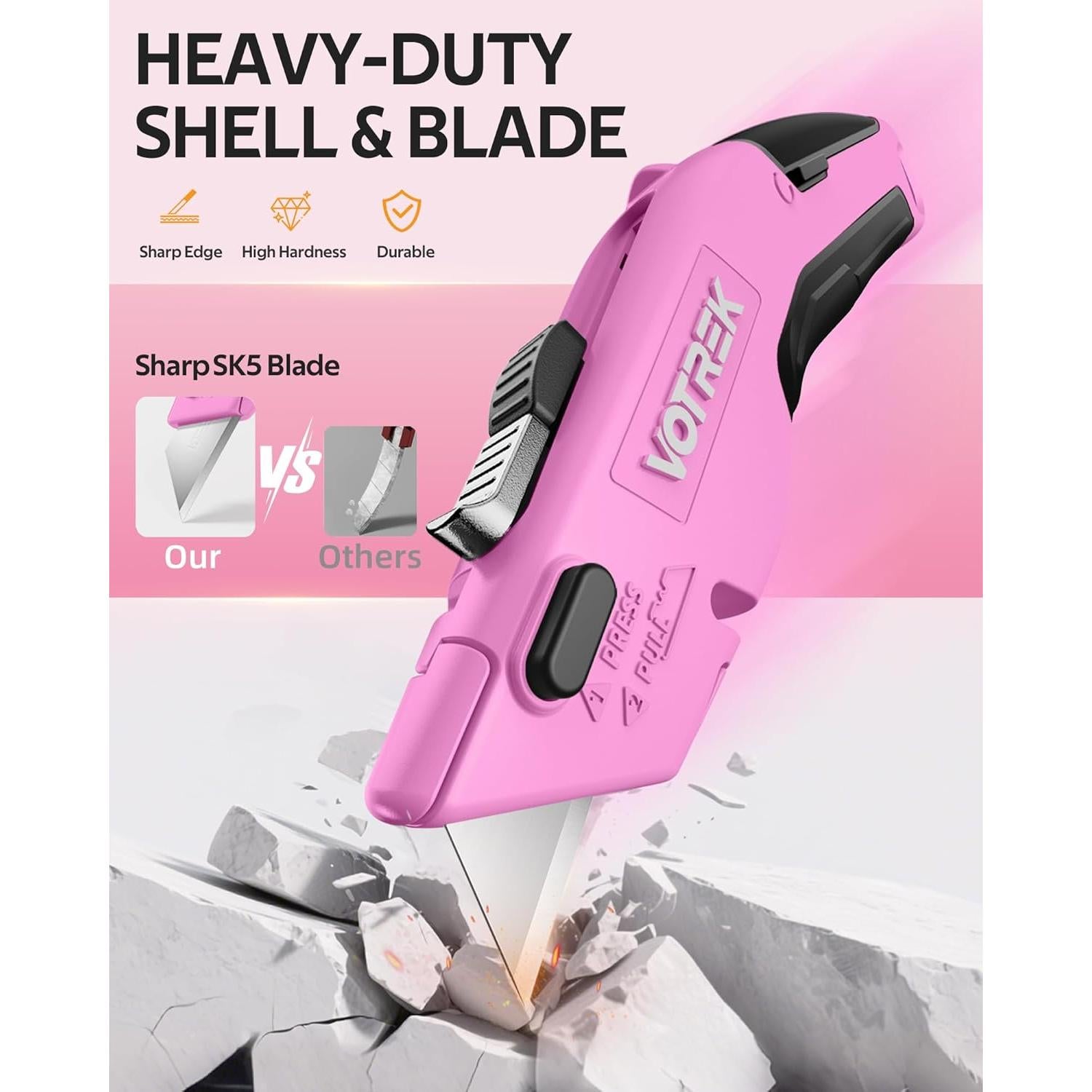 Cortador de Cajas VOTREK 2-en-1 Retráctil Rosa y Negro
