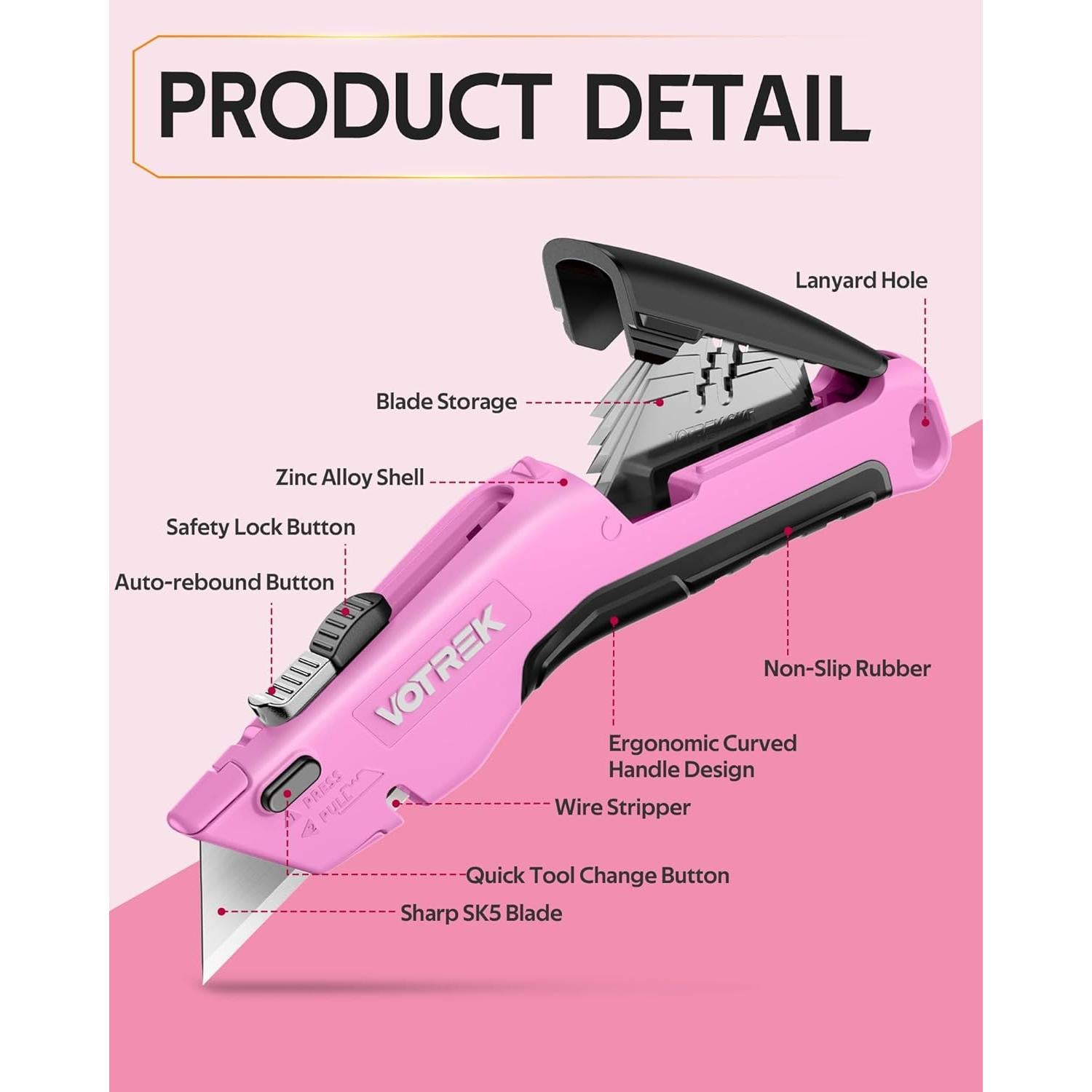 Cortador de Cajas VOTREK 2-en-1 Retráctil Rosa y Negro