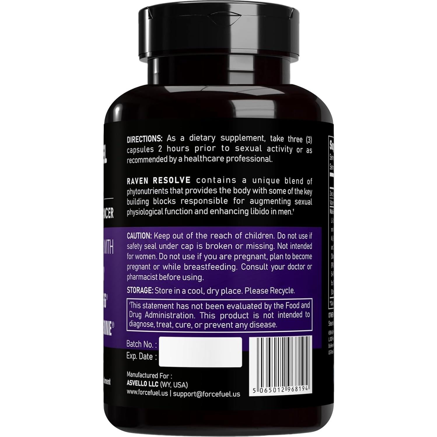 Píldoras Sexuales Masculinas Raven Resolve - 30 Dosis - Mejora Erección y Libido