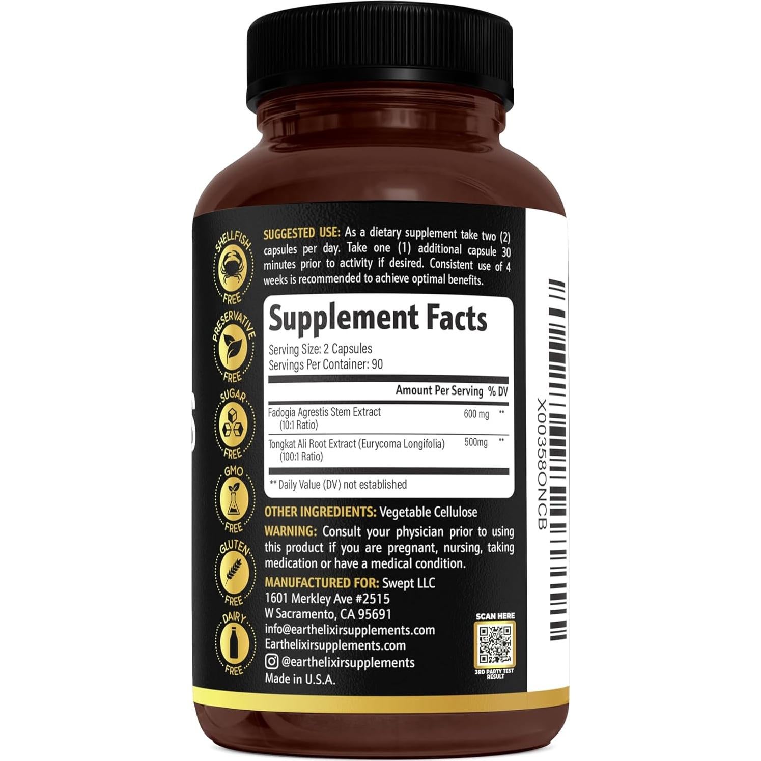 Suplemento Natural de Testosterona Earth Elixir 600mg Fadogia 500mg Tongkat Ali