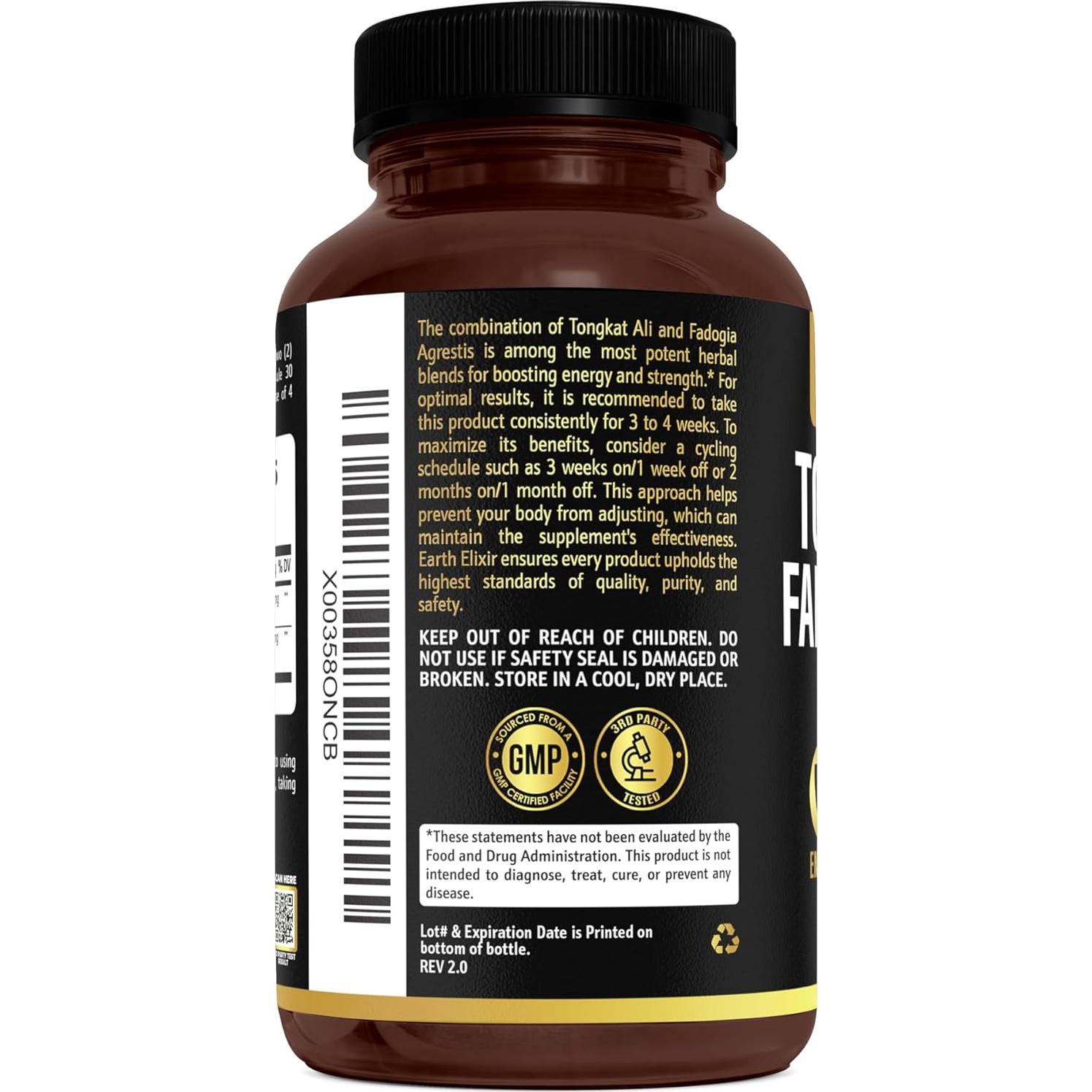 Suplemento Natural de Testosterona Earth Elixir 600mg Fadogia 500mg Tongkat Ali