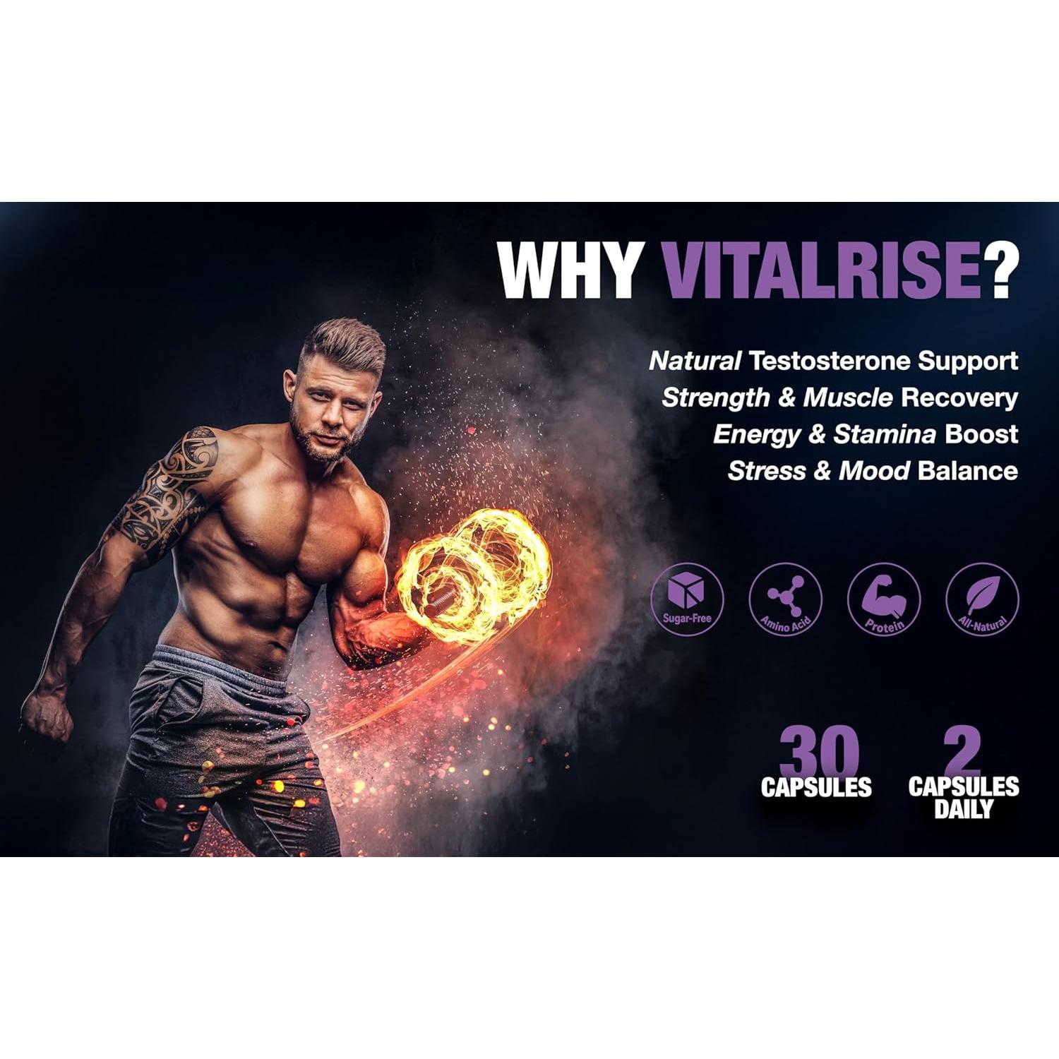 Suplemento de Testosterona Vital Rise - 30 Cápsulas Veganas
