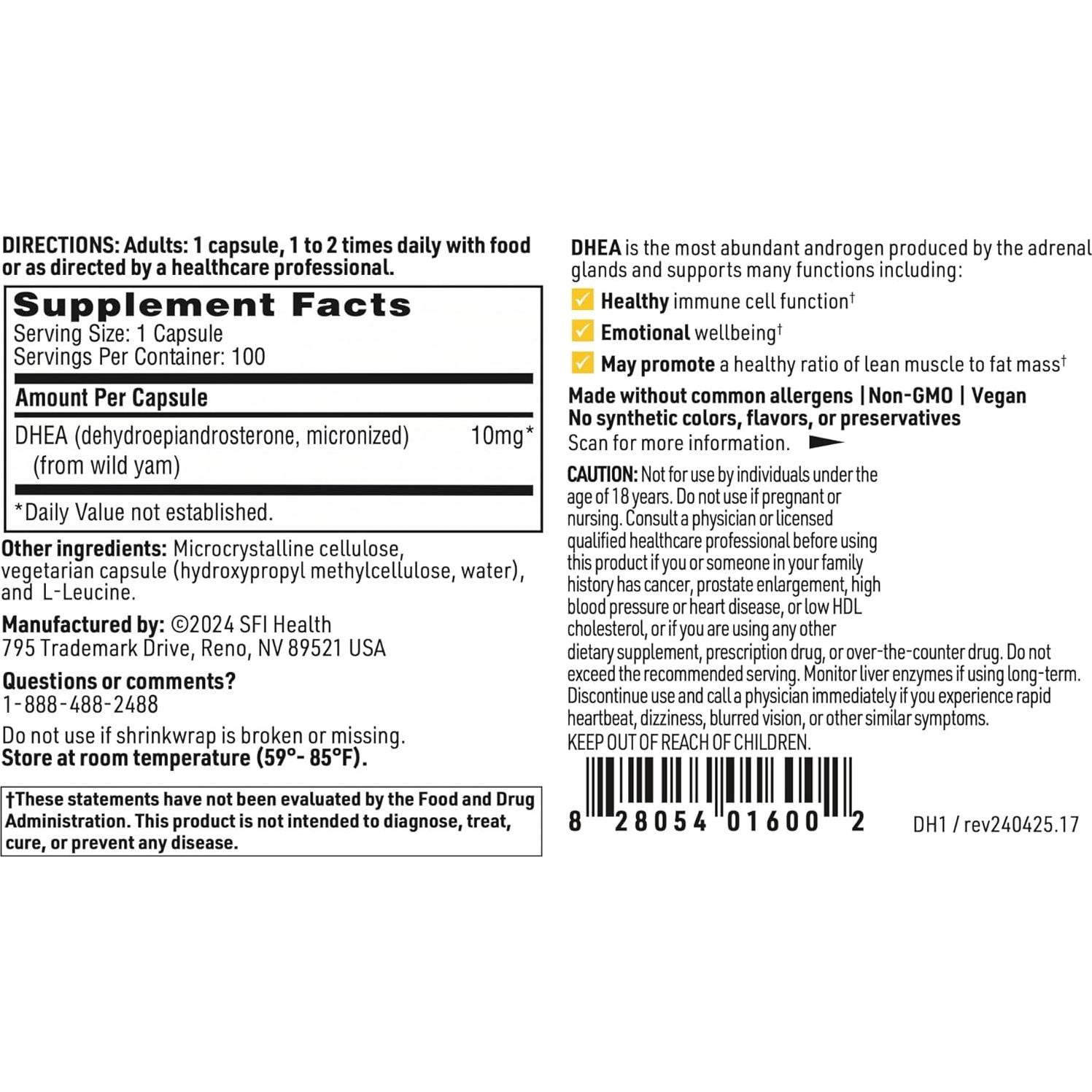Suplemento DHEA 10mg Klaire Labs - Micronizado Hipoalergénico 100 Cápsulas