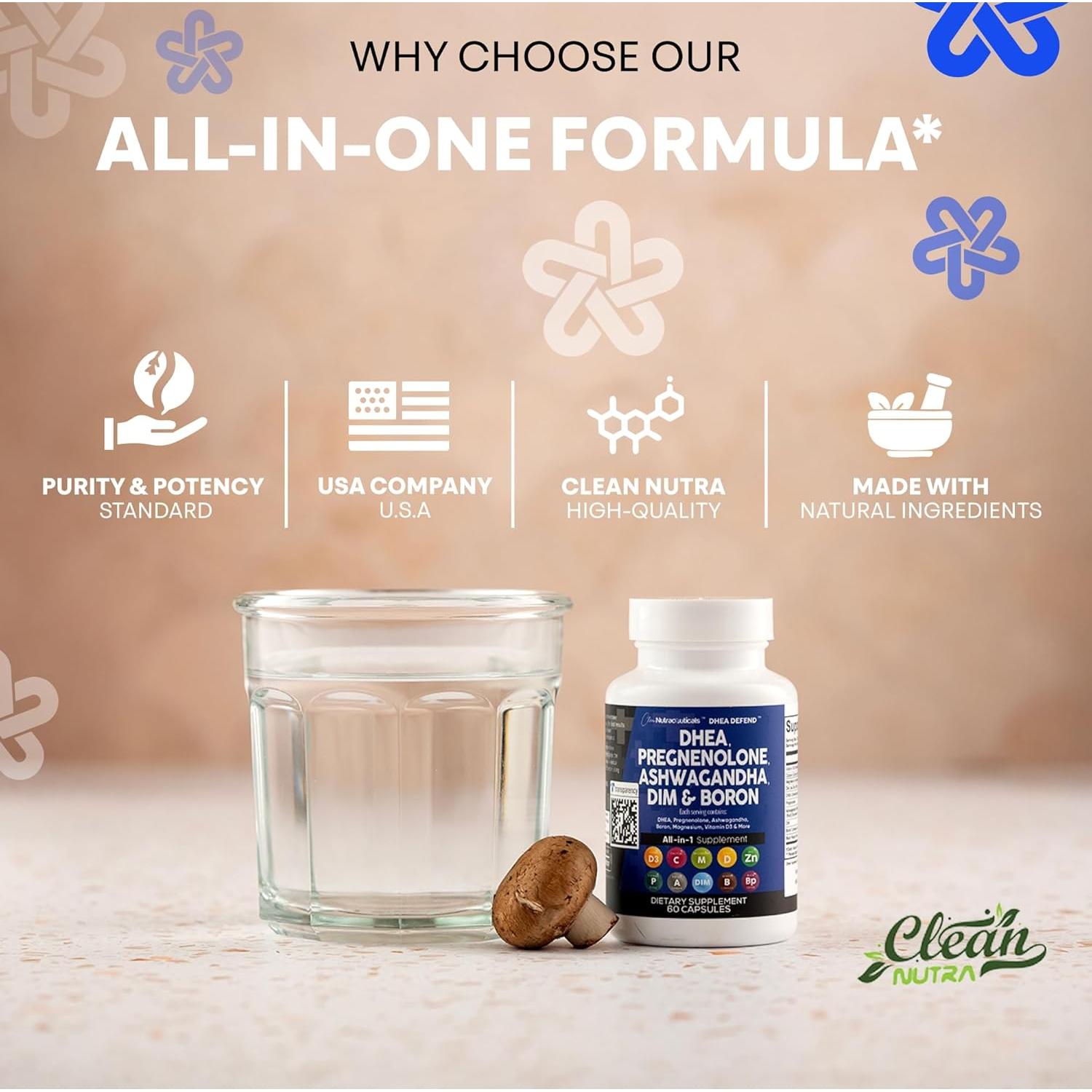 Suplemento DHEA 200mg + Pregnenolona 100mg Clean Nutraceuticals 60 Cápsulas