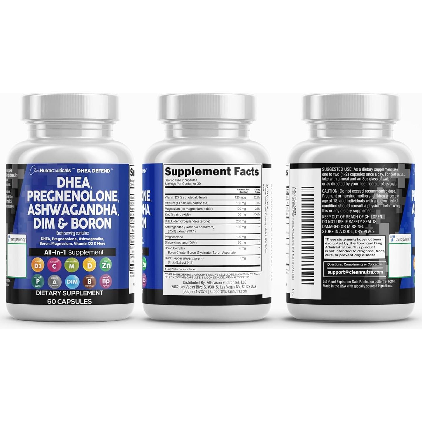 Suplemento DHEA 200mg + Pregnenolona 100mg Clean Nutraceuticals 60 Cápsulas