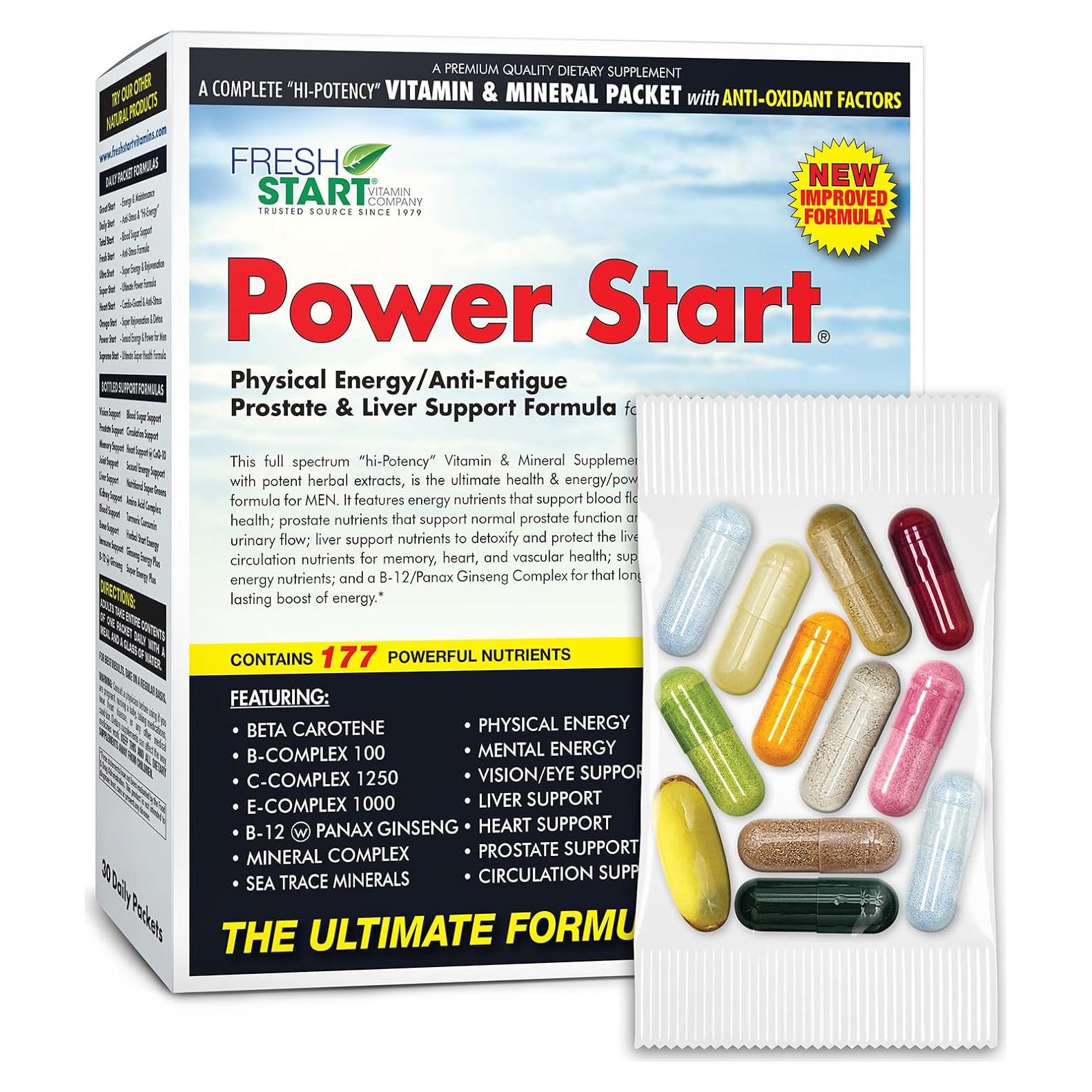 Power Start Complete Daily Vitamin Pack | Men's Health Support, 10X Energy & Stamina Booster | Vitamin A, B, C, D, E, B12, Minerals, Tribulus, Maca, Epimedium, Tongkat Ali (30 Packets)