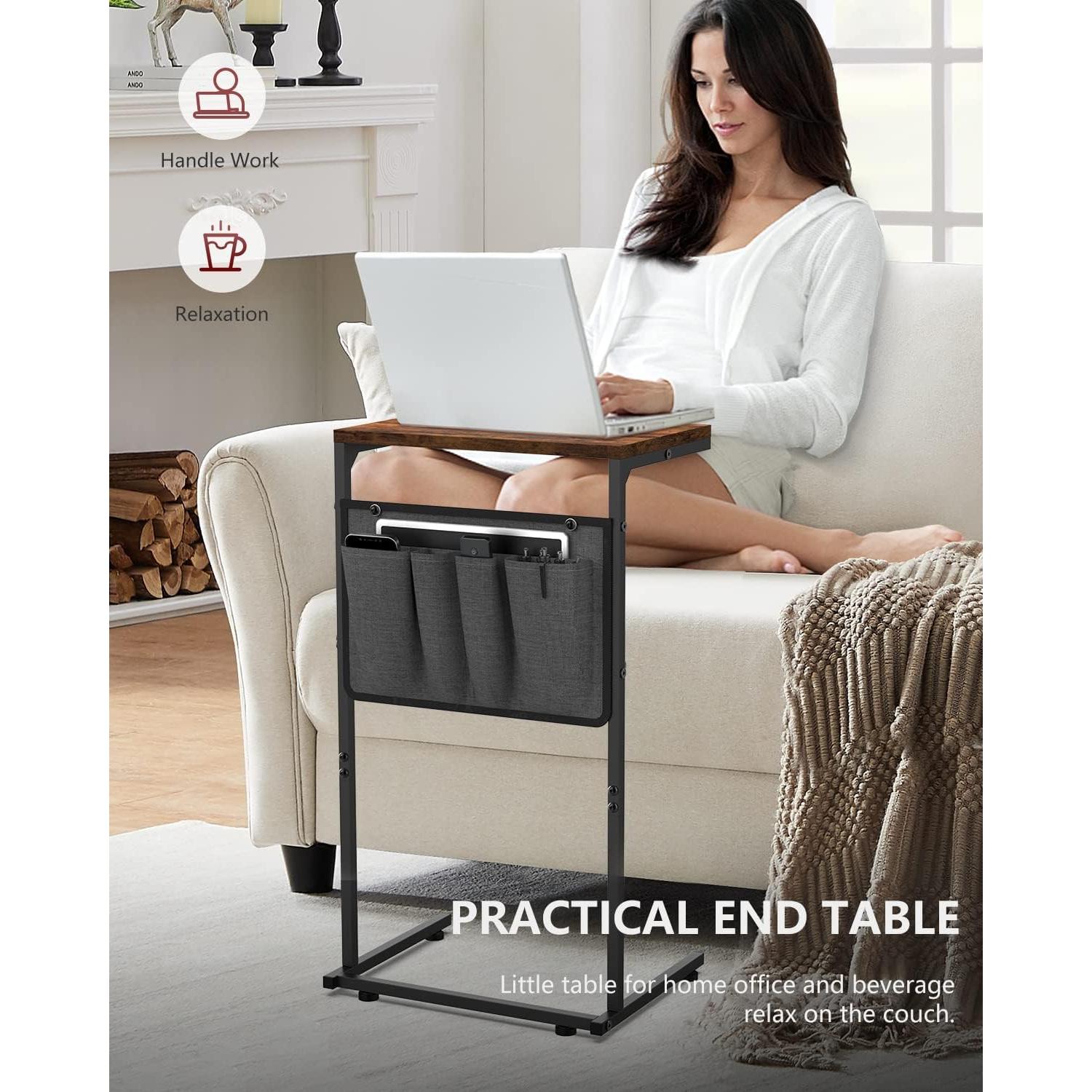 Mesa lateral en forma de C Vantic, marrón rústico, 68.58 cm