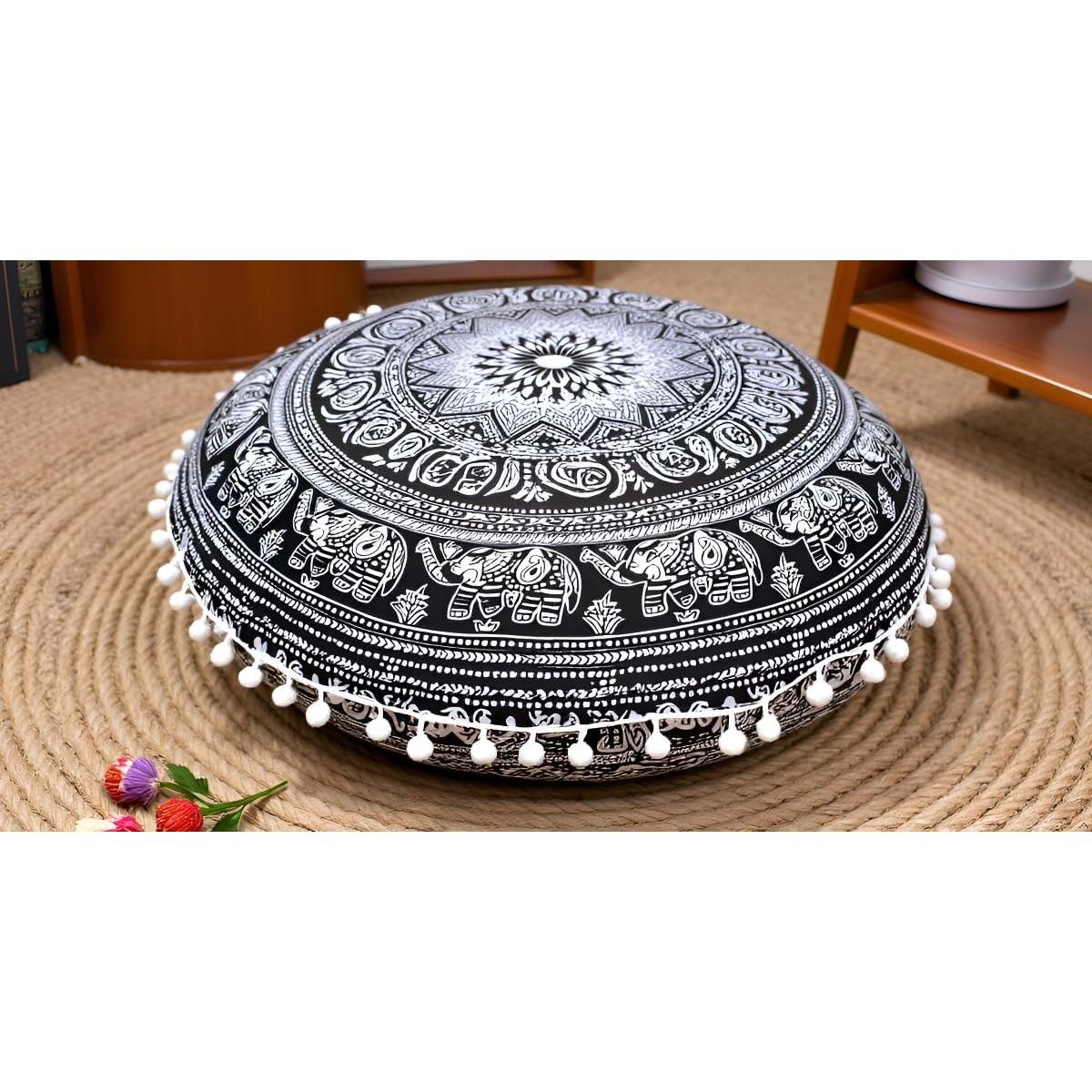Funda de Cojín Redonda Mandala 55 cm Algodón Boho Elefante
