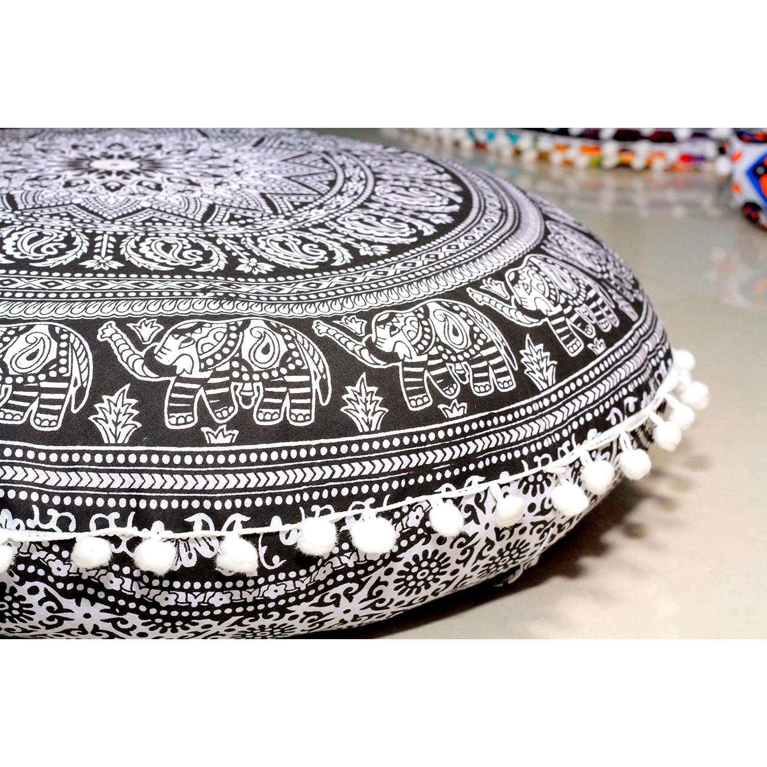 Funda de Cojín Redonda Mandala 55 cm Algodón Boho Elefante