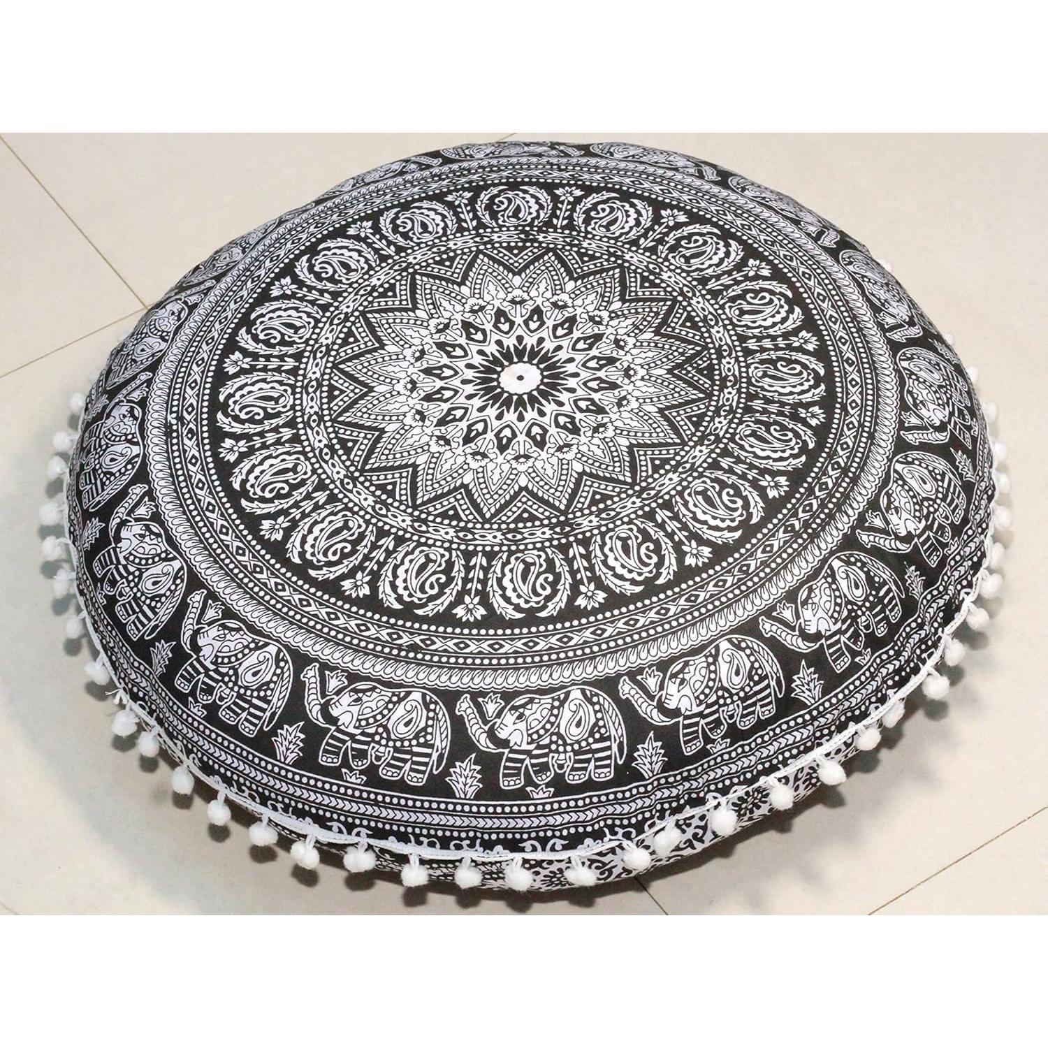 Funda de Cojín Redonda Mandala 55 cm Algodón Boho Elefante