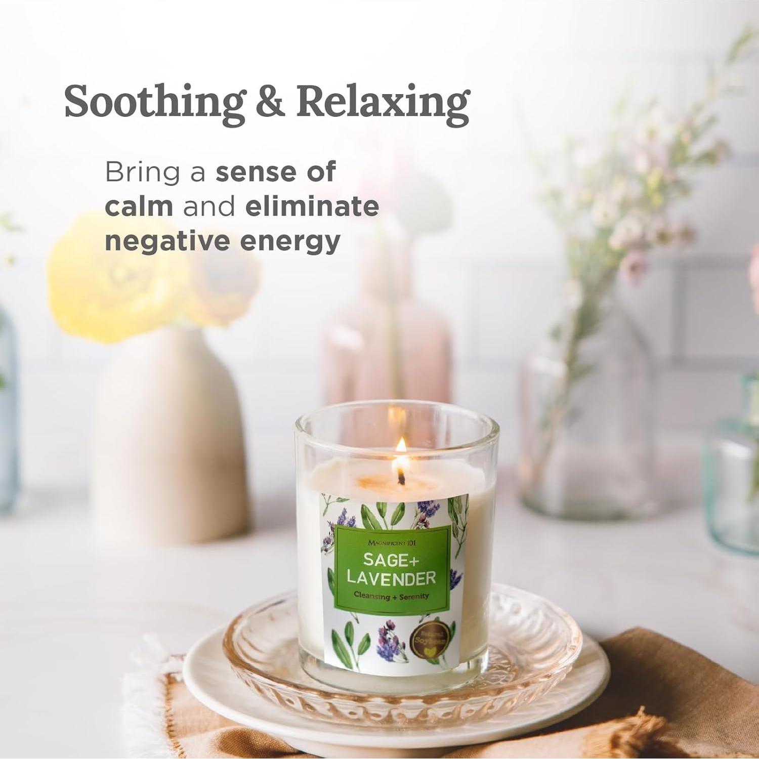 Juego de Velas de Soja Natural Magnífico 101 - Salvia y Lavanda, 3 Piezas