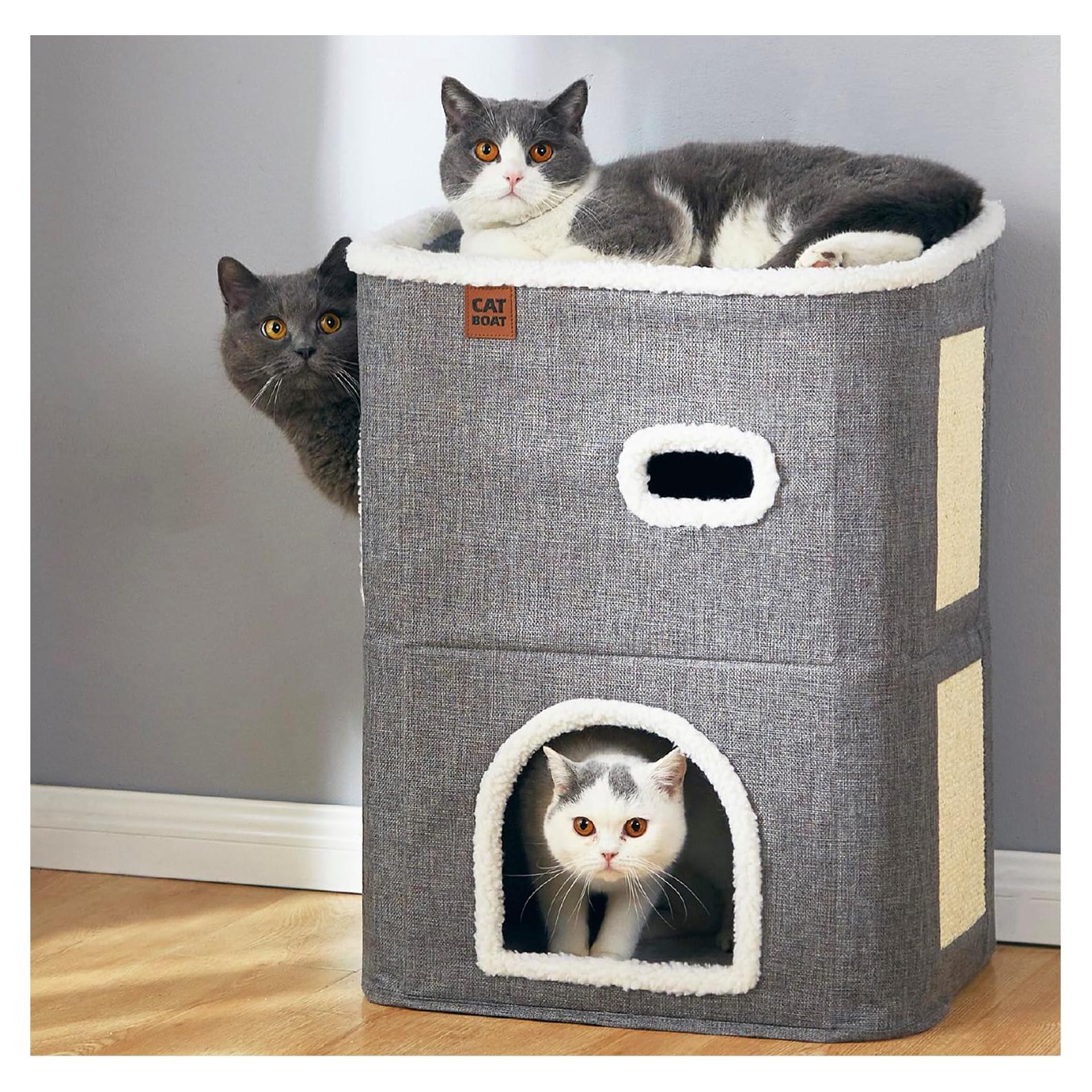 Casa para Gatos de 2 Pisos CATBOAT Gris con Almohadilla para Raspar