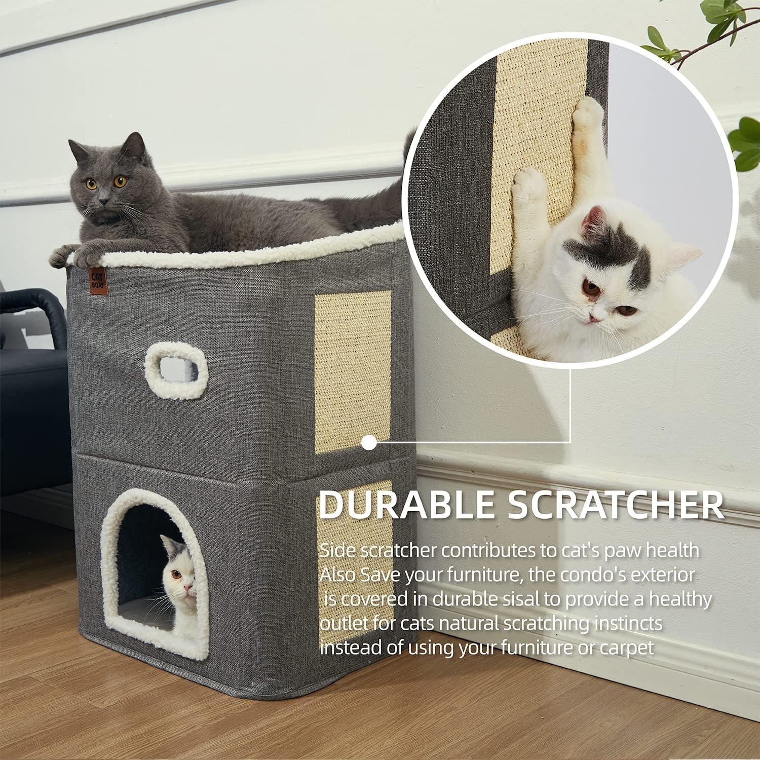 Casa para Gatos de 2 Pisos CATBOAT Gris con Almohadilla para Raspar