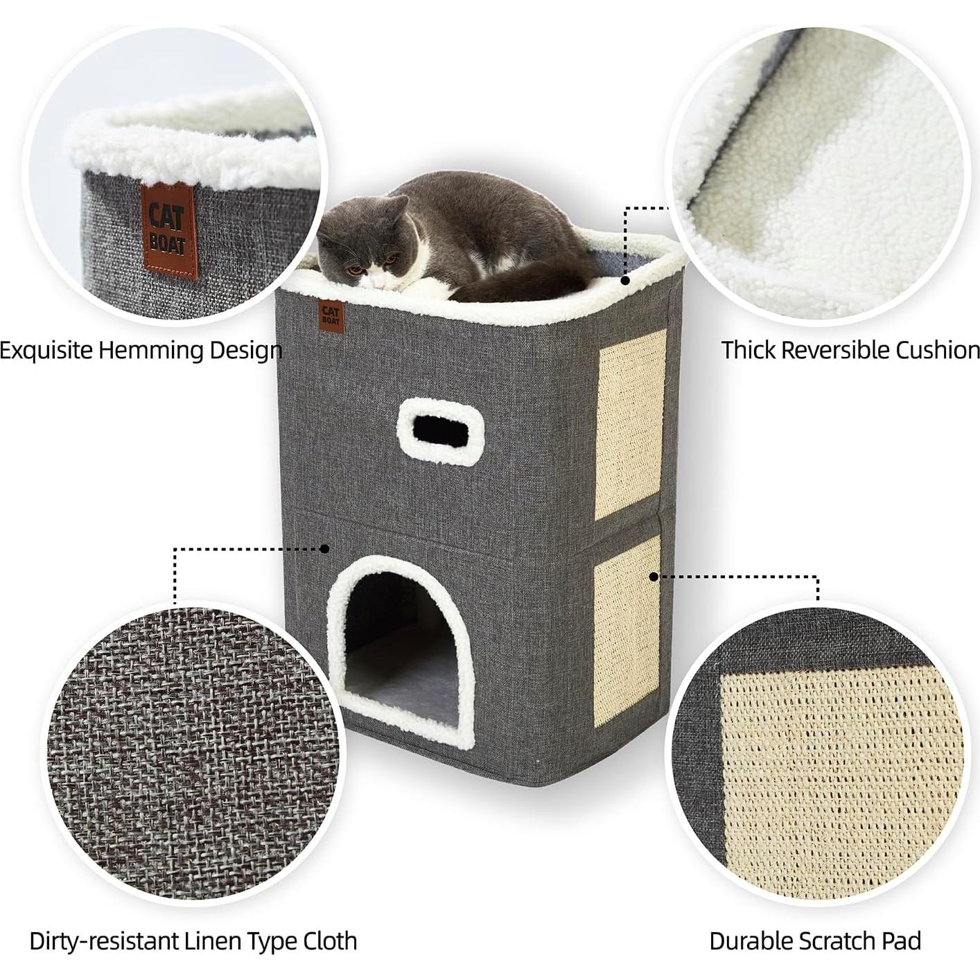 Casa para Gatos de 2 Pisos CATBOAT Gris con Almohadilla para Raspar