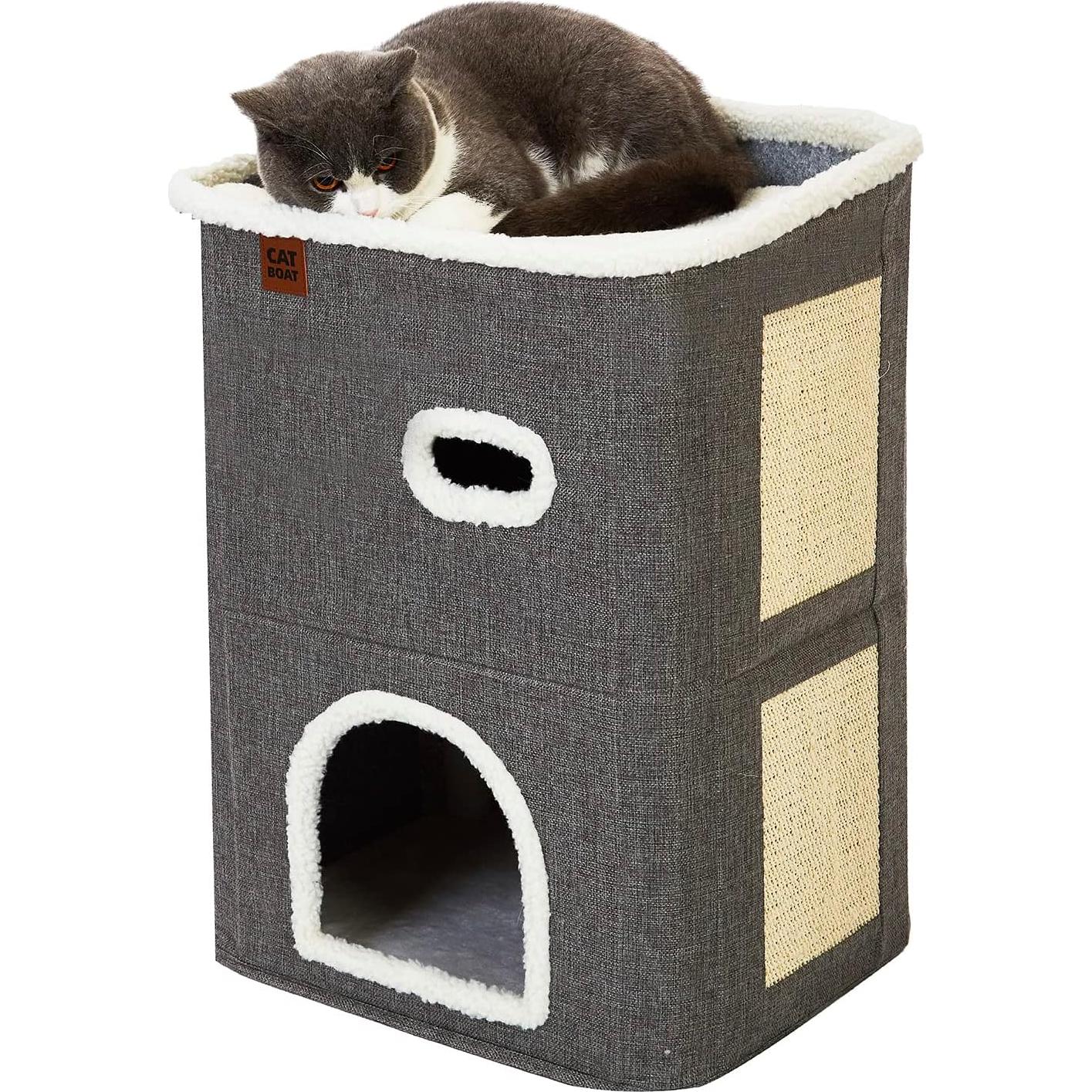 Casa para Gatos de 2 Pisos CATBOAT Gris con Almohadilla para Raspar