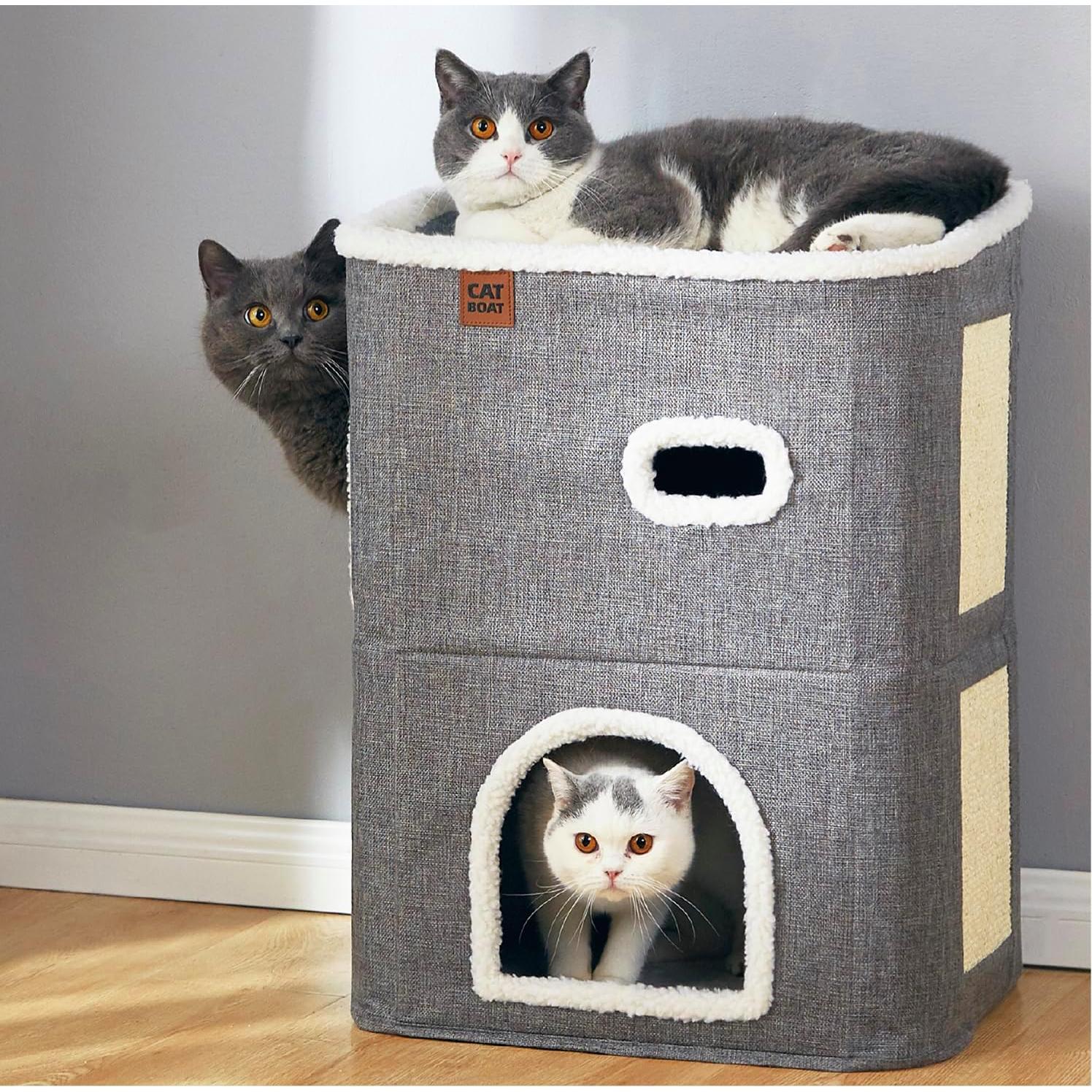 Casa para Gatos de 2 Pisos CATBOAT Gris con Almohadilla para Raspar