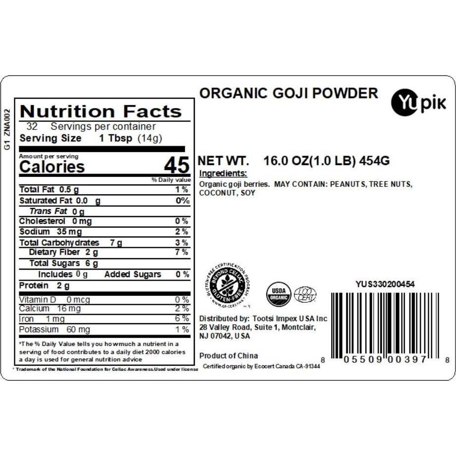 Polvo de Goji Orgánico Yupik 0.45 kg Sin Gluten Vegano